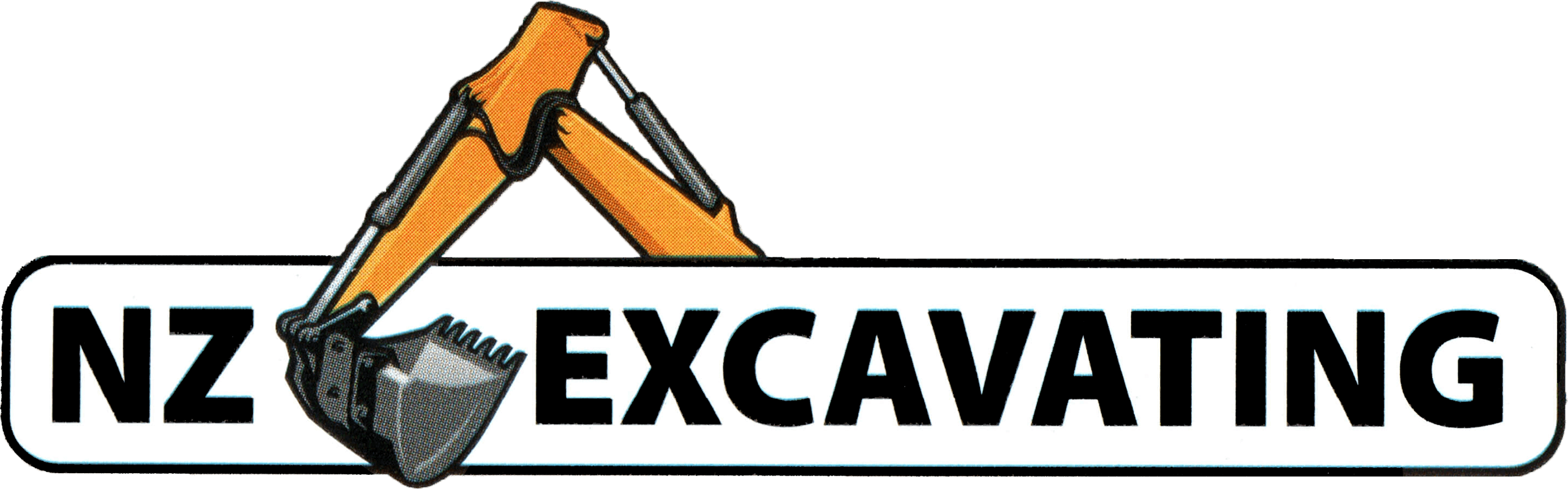 Logo for NZ Excavating featuring an excavator arm forming part of the letter "E" in the word "Excavating" next to "NZ" on a white background.
