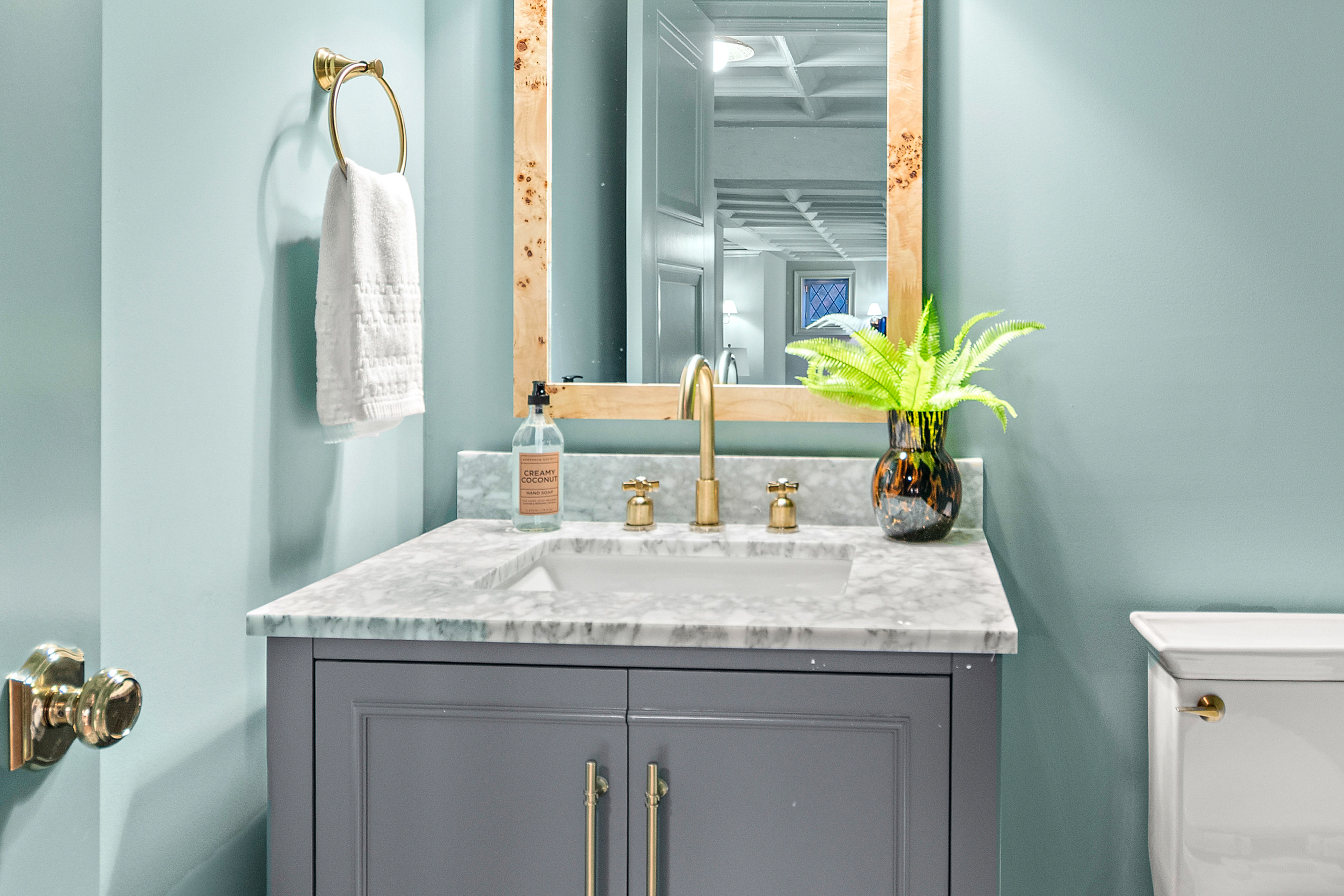 Kenrose Kitchen Kabinets Cabinetry Arthur IL A bathroom vanity with a marble countertop, gold faucet, soap dispenser, potted fern, wall mirror, towel ring with white towel, and part of a toilet visible.