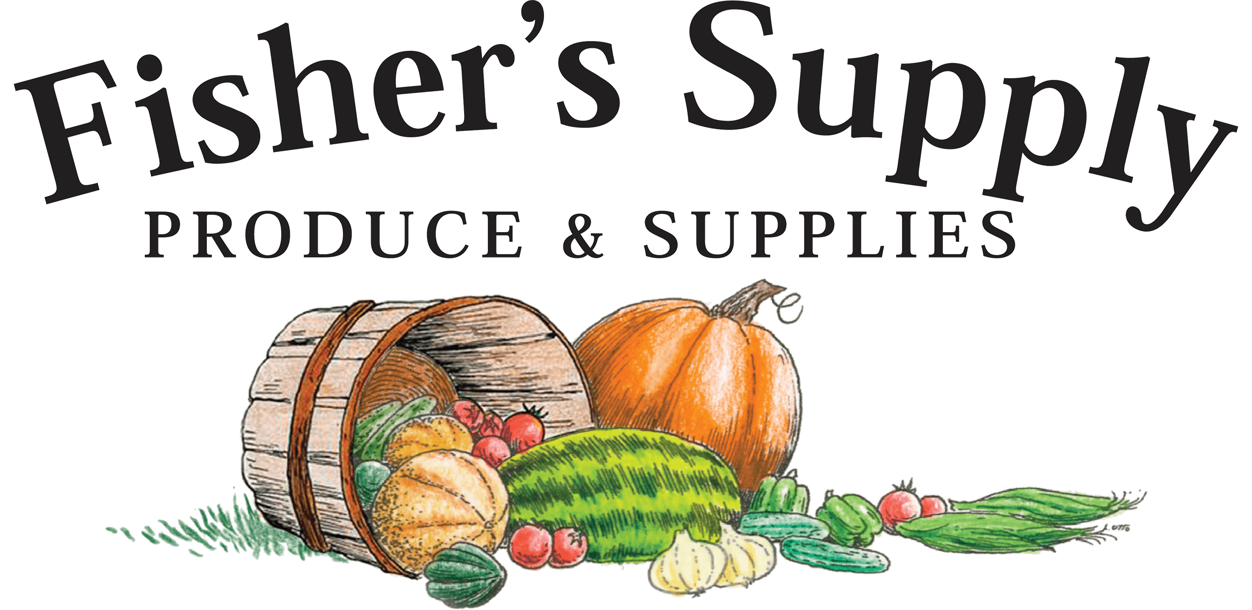 Logo for Fisher’s Supply Produce & Supplies featuring a tipped basket of assorted vegetables and fruits, including a pumpkin, watermelon, squash, corn, tomatoes, and cucumbers.