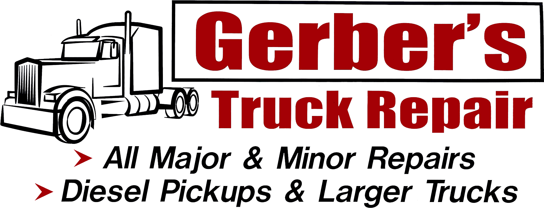 Logo for Gerber's Truck Repair with a drawing of a semi truck and text offering major and minor repairs for diesel pickups and larger trucks.