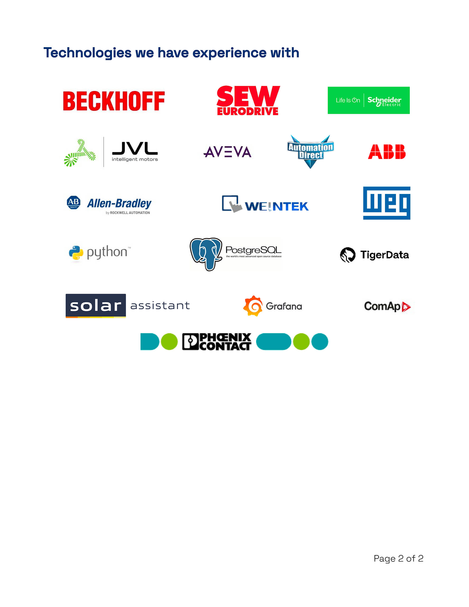 Logos of various technology companies and platforms, including Beckhoff, SEW Eurodrive, Schneider Electric, ABB, Allen-Bradley, AVEVA, Python, PostgreSQL, Grafana, and others.