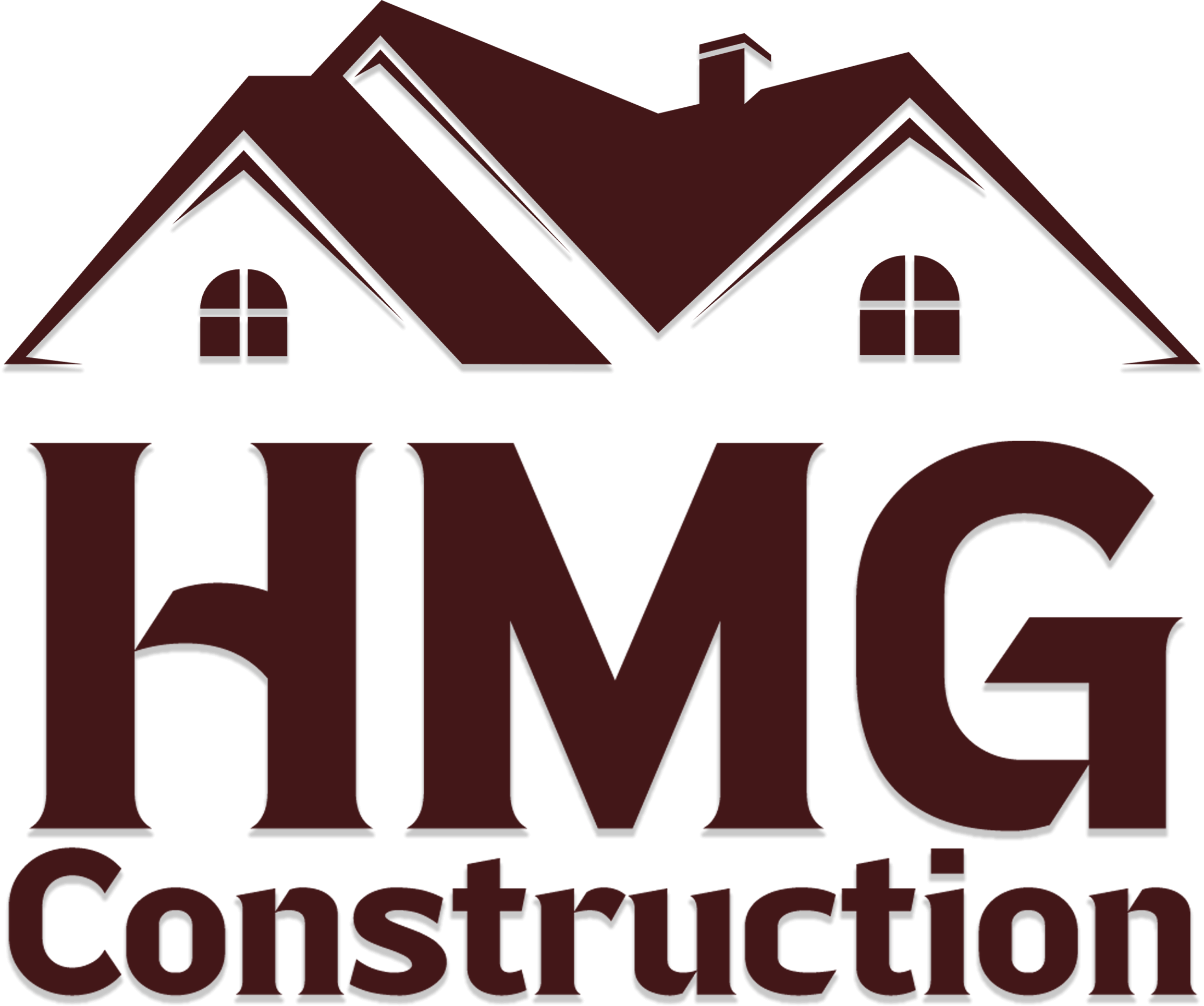 Logo featuring two stylized house roofs with chimneys above the text "HMG Construction" in bold, brown letters.