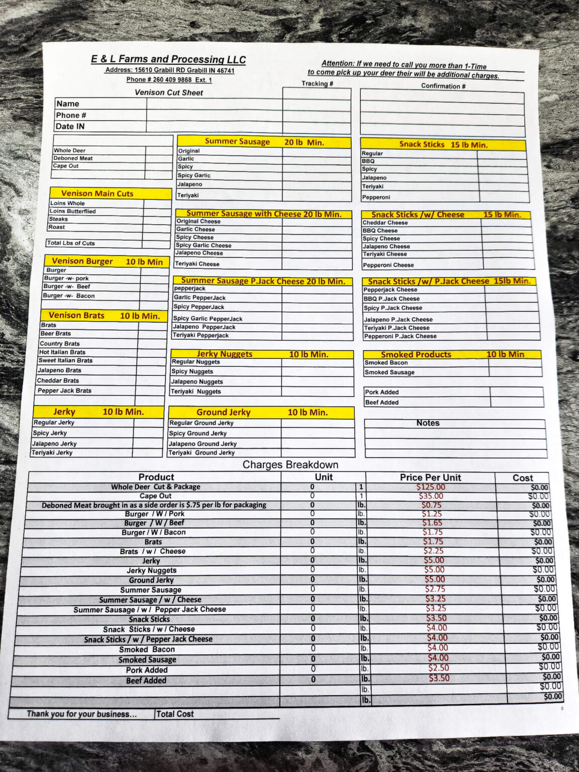 10.7.25 E&L Farms and Processing Venison Chart Venison processing order form from E&L Farms and Processing LLC, listing various cut and processing options with prices and a charges breakdown at the bottom.