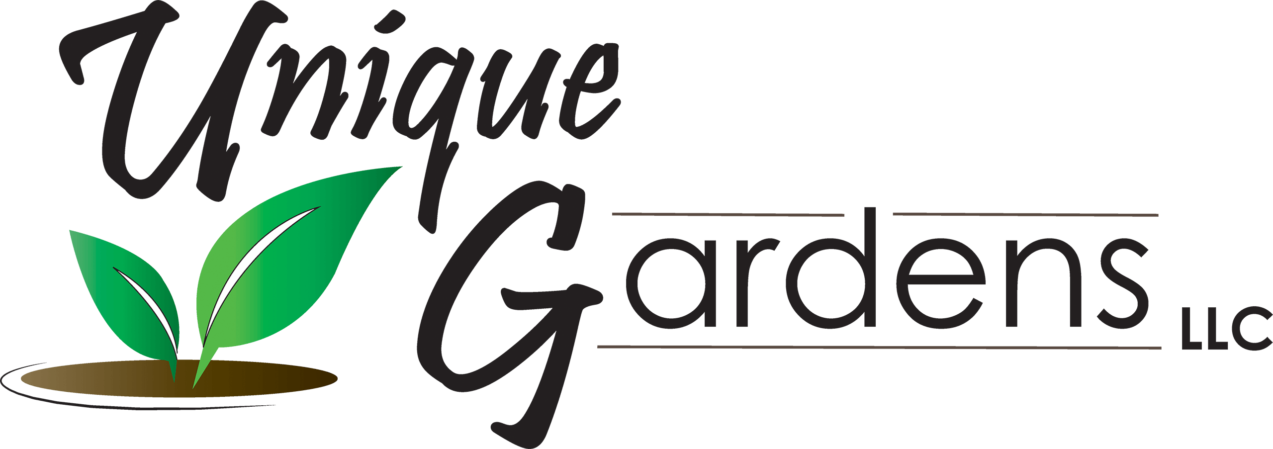 Unique Gardens Fresh Flowers Parkesburg, PA Logo for "Unique Gardens LLC" featuring stylized green leaves emerging from soil, with the company name in black, cursive, and bold fonts.