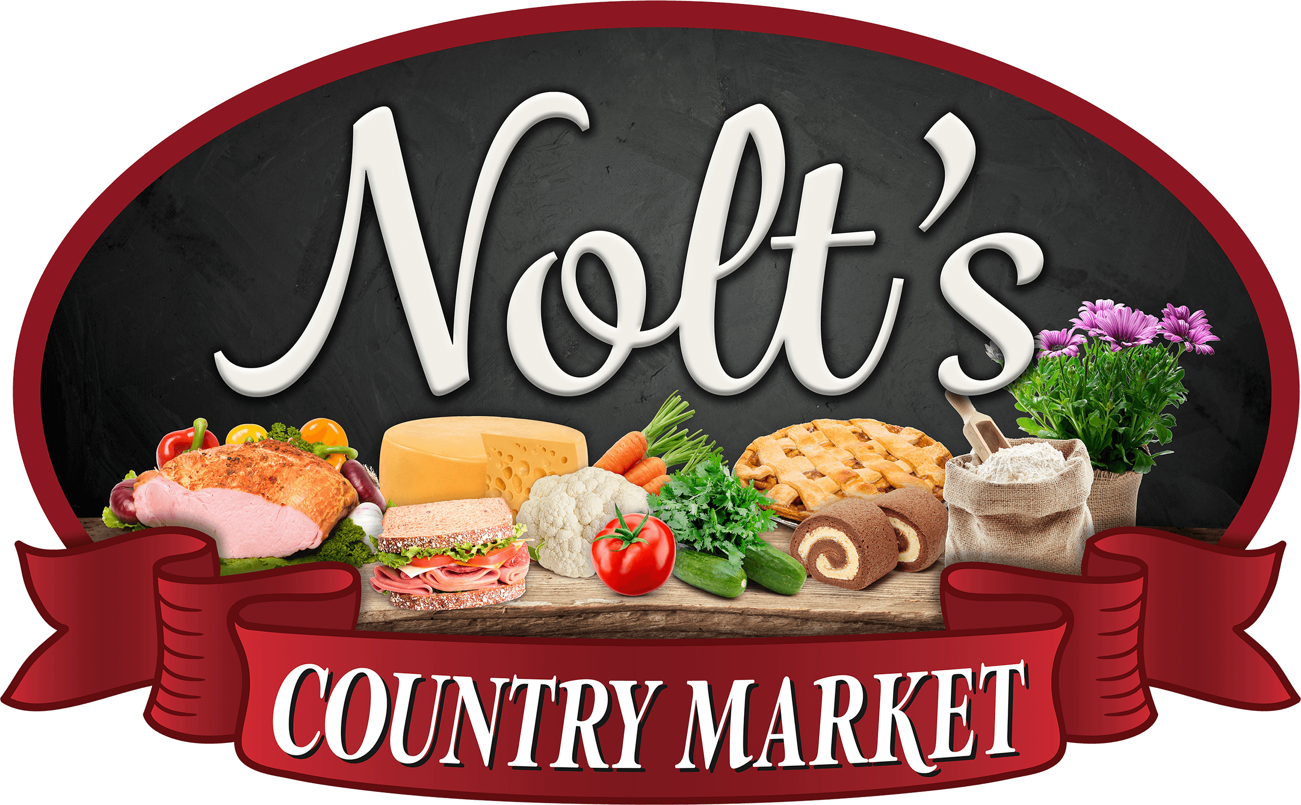 Logo for Nolt’s Country Market featuring assorted foods like meats, cheese, bread, pie, vegetables, and flowers on a wooden board with a red banner at the bottom.