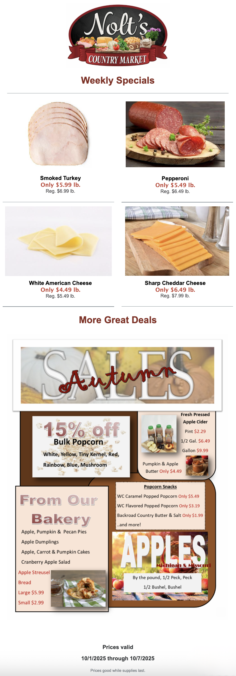 Nolt’s Country Market ad with weekly specials on smoked turkey, pepperoni, cheeses; sales on popcorn, frozen corn, apples, and bakery items; prices valid 10/1/2025–10/7/2025.