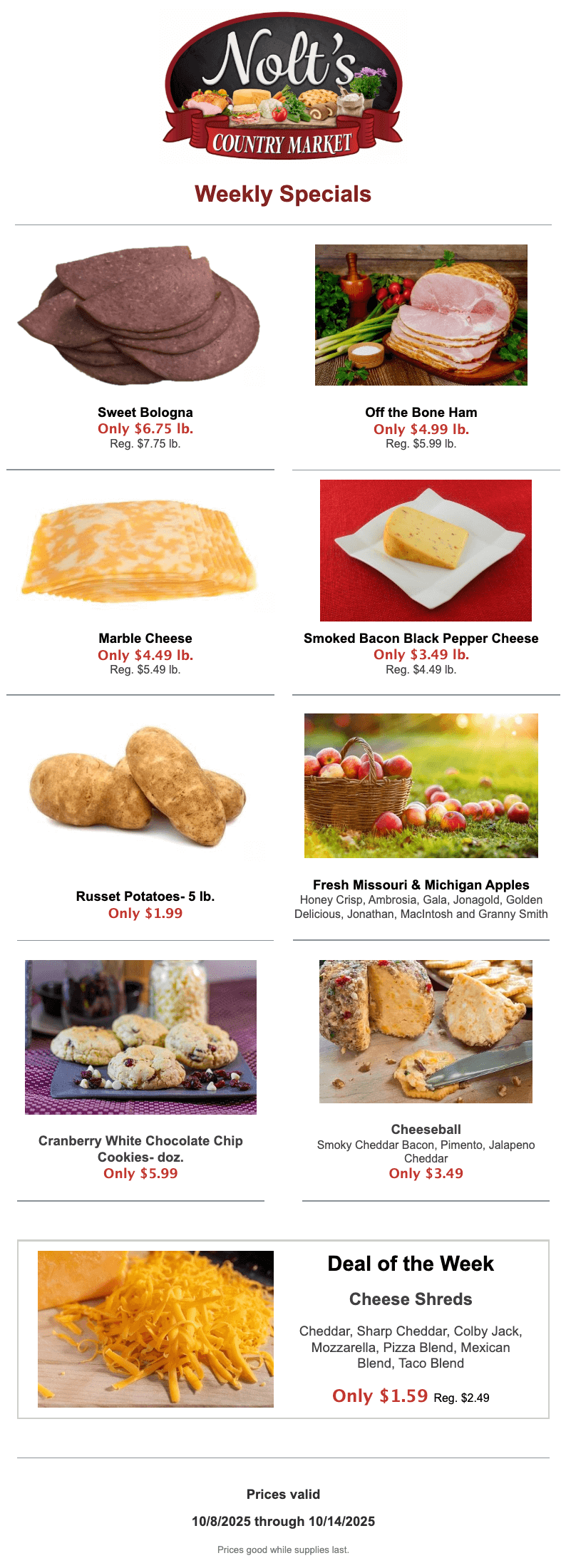A grocery store flyer displays weekly specials on meats, cheeses, potatoes, baked goods, and cheese shreds, each with prices and images, valid from 10/8/2025 to 10/14/2025.