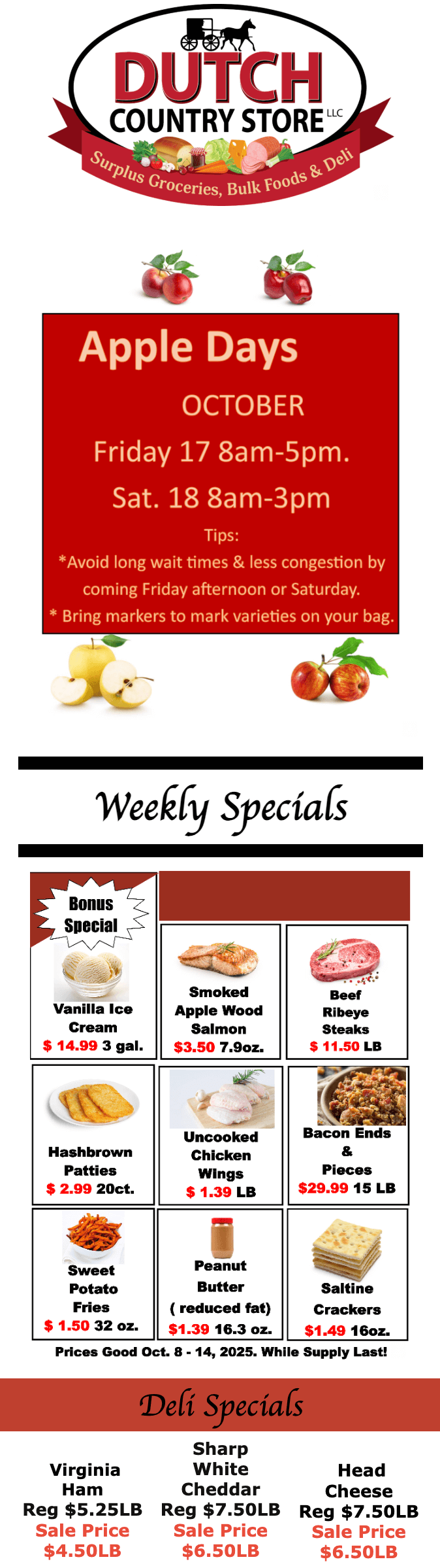 Flyer for Dutch Country Store advertising Apple Days on October 17-18, weekly specials on grocery and deli items, and tips for shopping and marking apple varieties on bags.