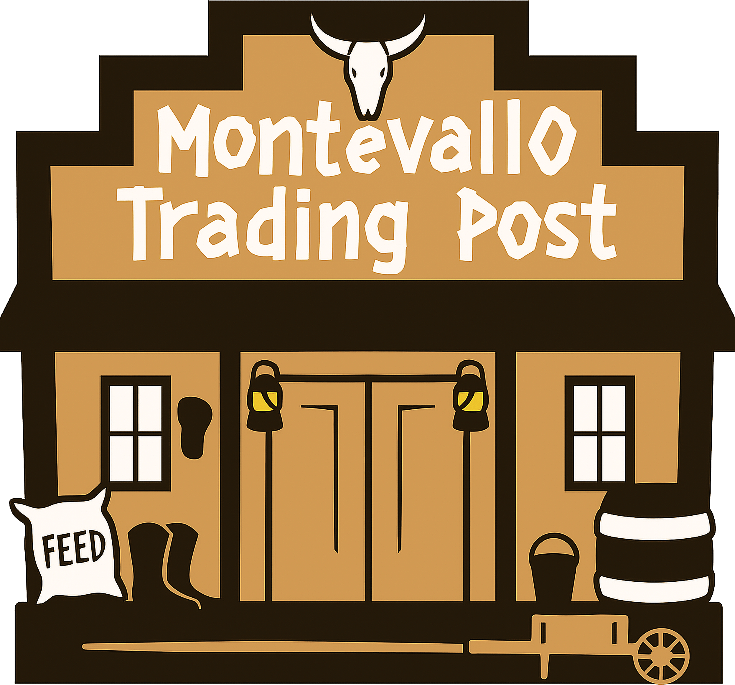 A western-style storefront labeled “Montevallo Trading Post” with a steer skull, cowboy boots, feed bag, barrel, and wagon wheel outside.