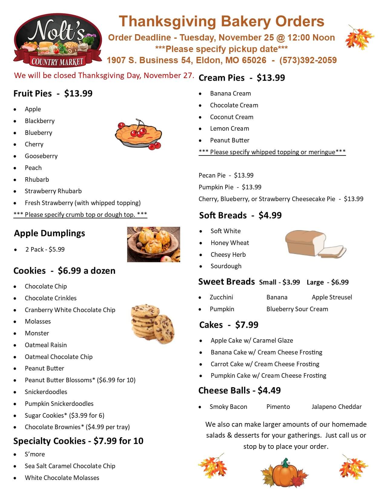Thanksgiving bakery menu listing various pies, cakes, cookies, and specialty treats with prices and order instructions, on a festive-themed flyer.