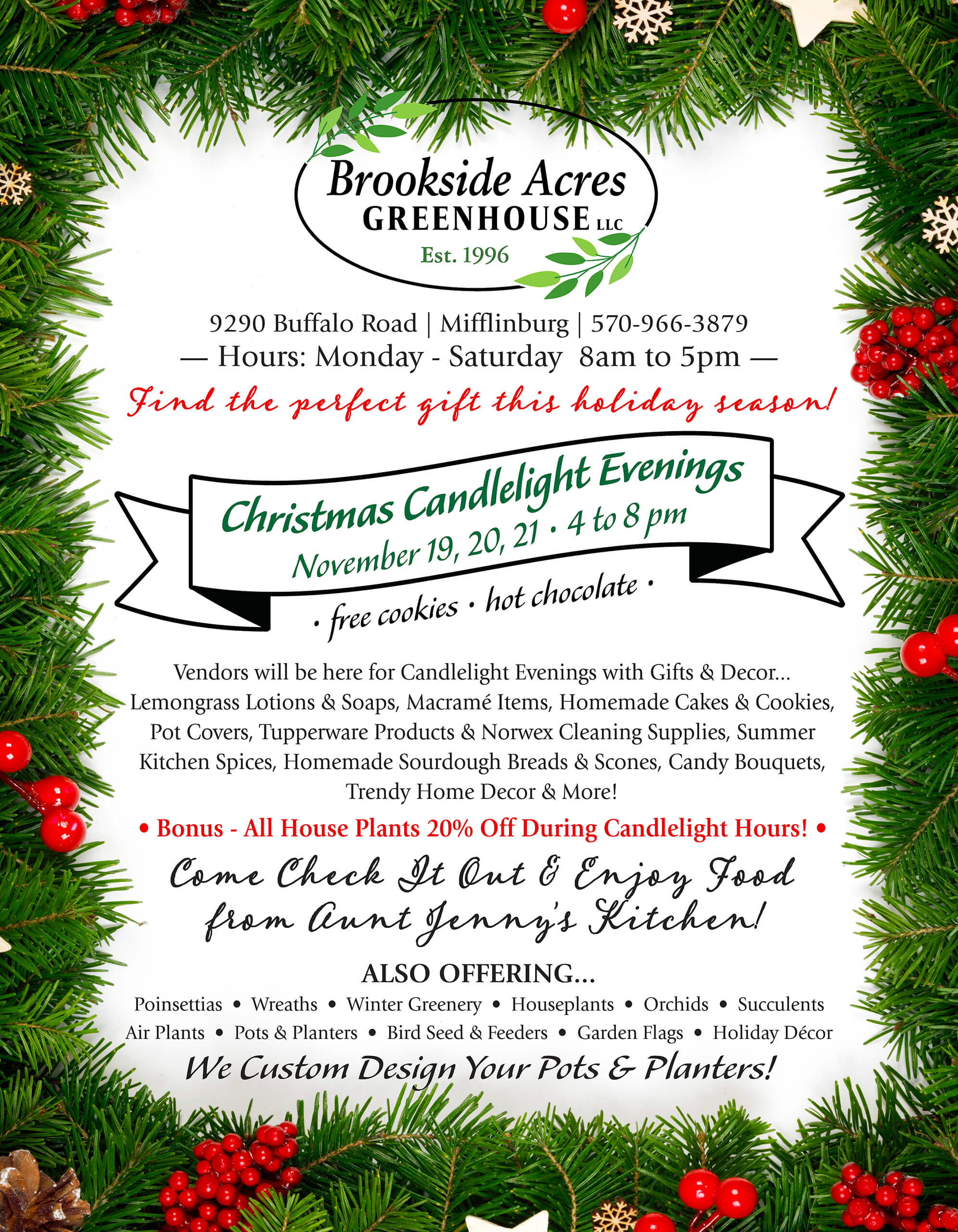 11.13.25 Brookside Acres Greenhosue Holiday Ad A festive holiday flyer for Brookside Acres Greenhouse’s Christmas Candlelight Evenings event, listing dates, times, activities, and items for sale with decorative greenery borders.