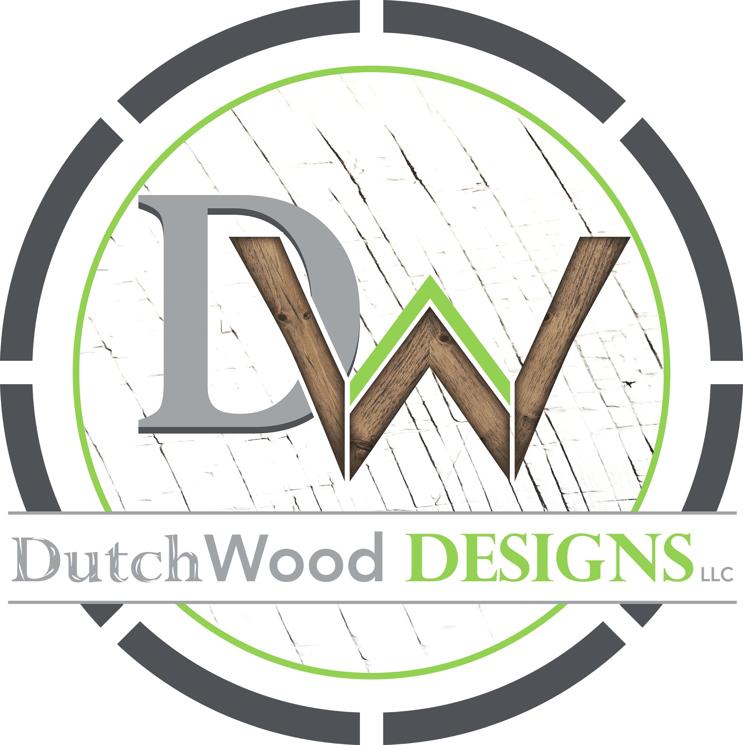 A circular logo with the letters "DW" in the center, wood grain texture on the "W", and the text "DutchWood DESIGNS LLC" below.