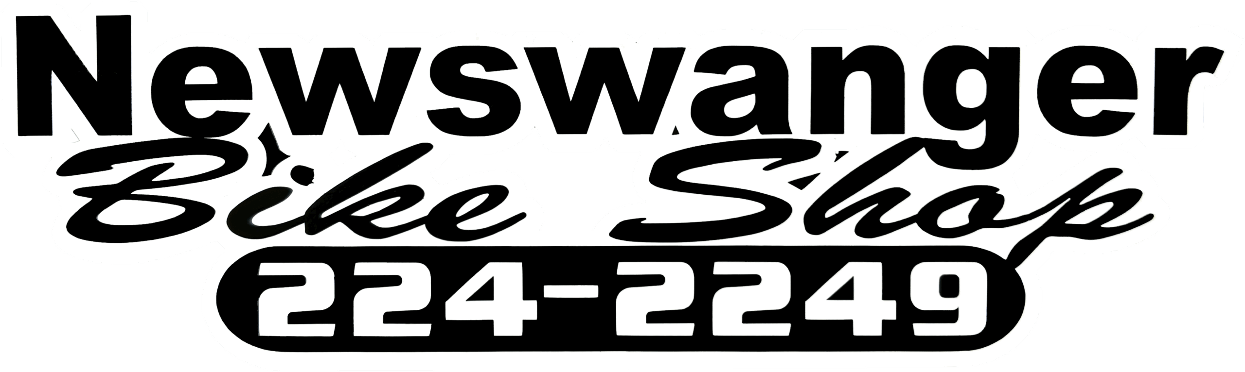 Black and white logo reads "Newswanger Bike Shop" with a phone number "224-2249" displayed in bold numbers below.