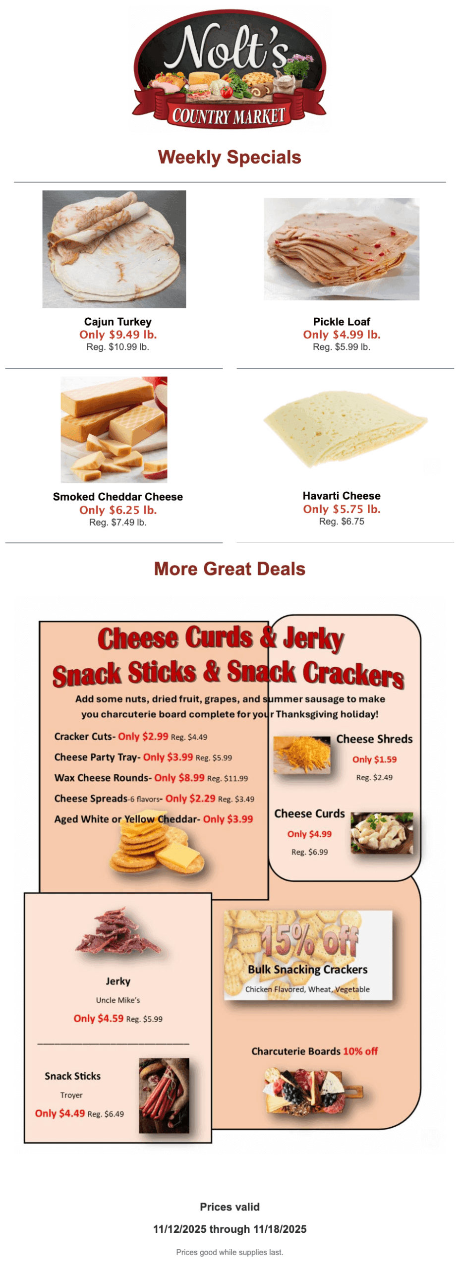 Nolt's Country Market flyer featuring weekly specials on breads and cheeses, plus deals on cheese curds, jerky, snack sticks, cheese spreads, and charcuterie boards.