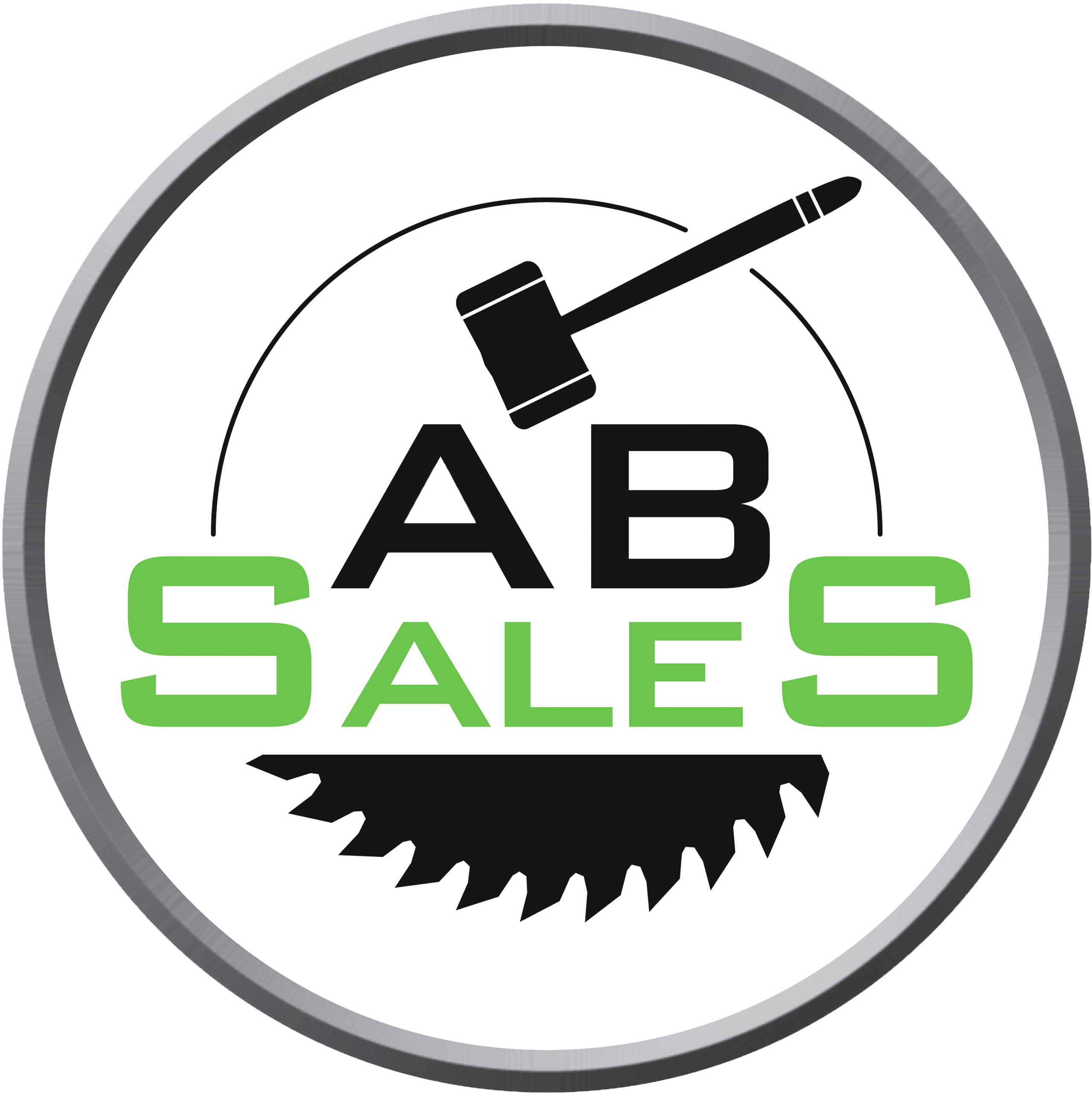 A circular logo with a gavel above the letters "AB" and the word "SALES" in green, with a black saw blade graphic below the text.
