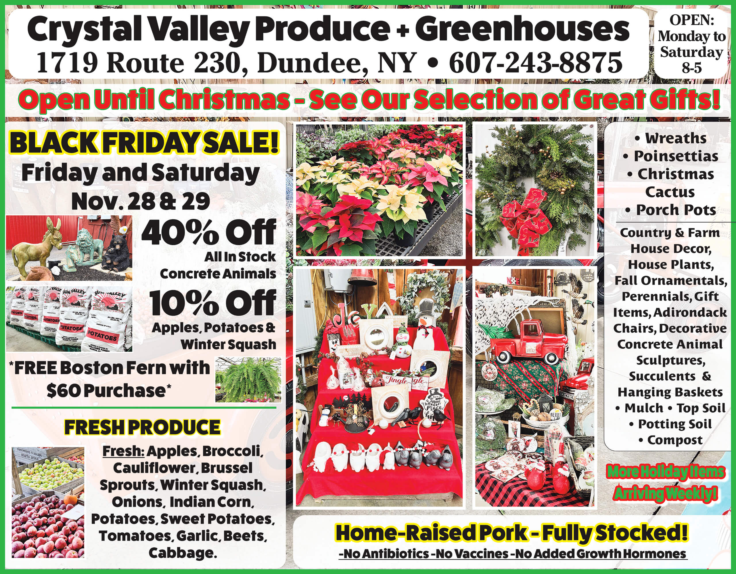 11.17.25 Crystal Valley Produce & Greenhouses Christmas Ad Advertisement for Crystal Valley Produce + Greenhouses showing Black Friday sale details, available products, hours of operation, and a display of seasonal items and home-raised pork.