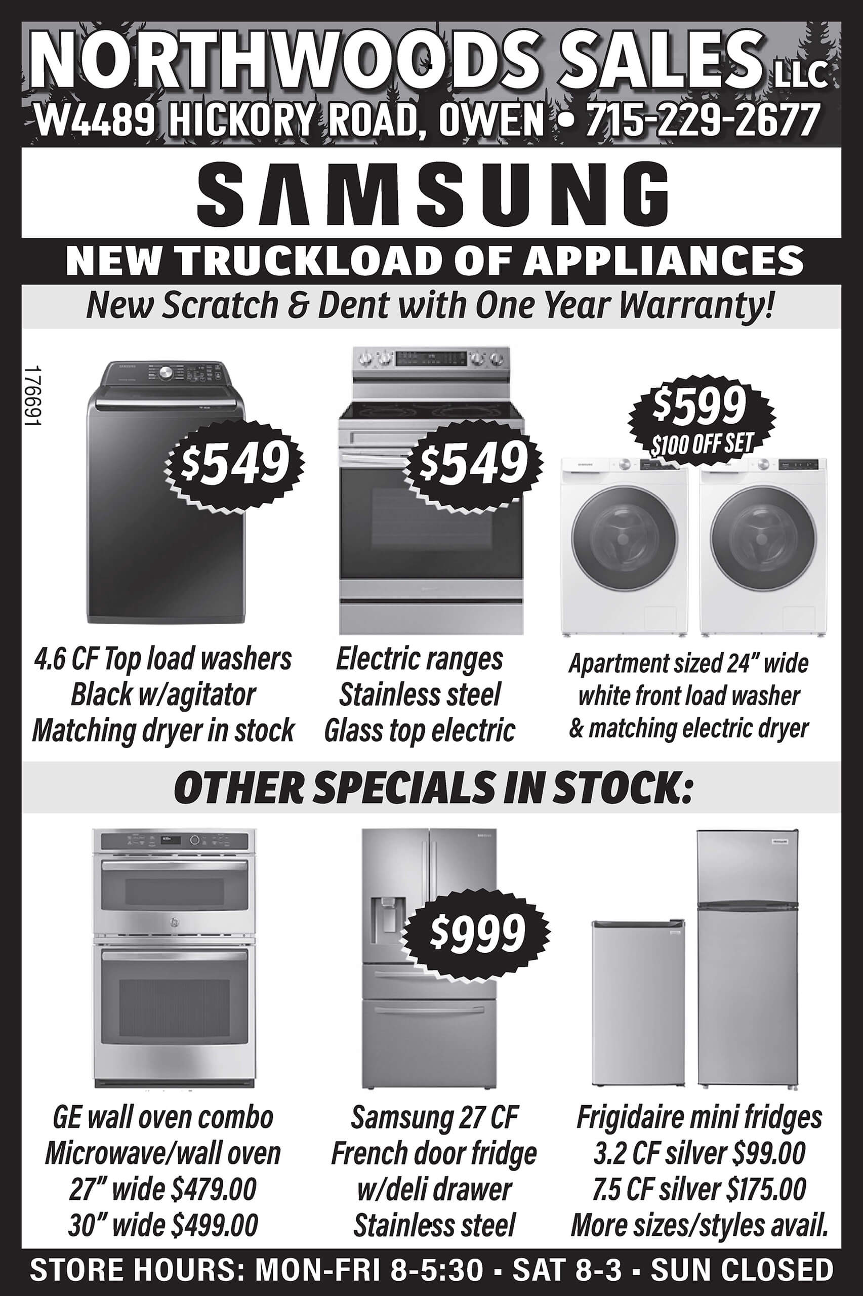 11.17.25 Northwoods Sales Ad Black and white appliance store ad featuring Samsung washers, dryers, electric ranges, fridges, microwaves, and mini fridges with prices and store contact information.