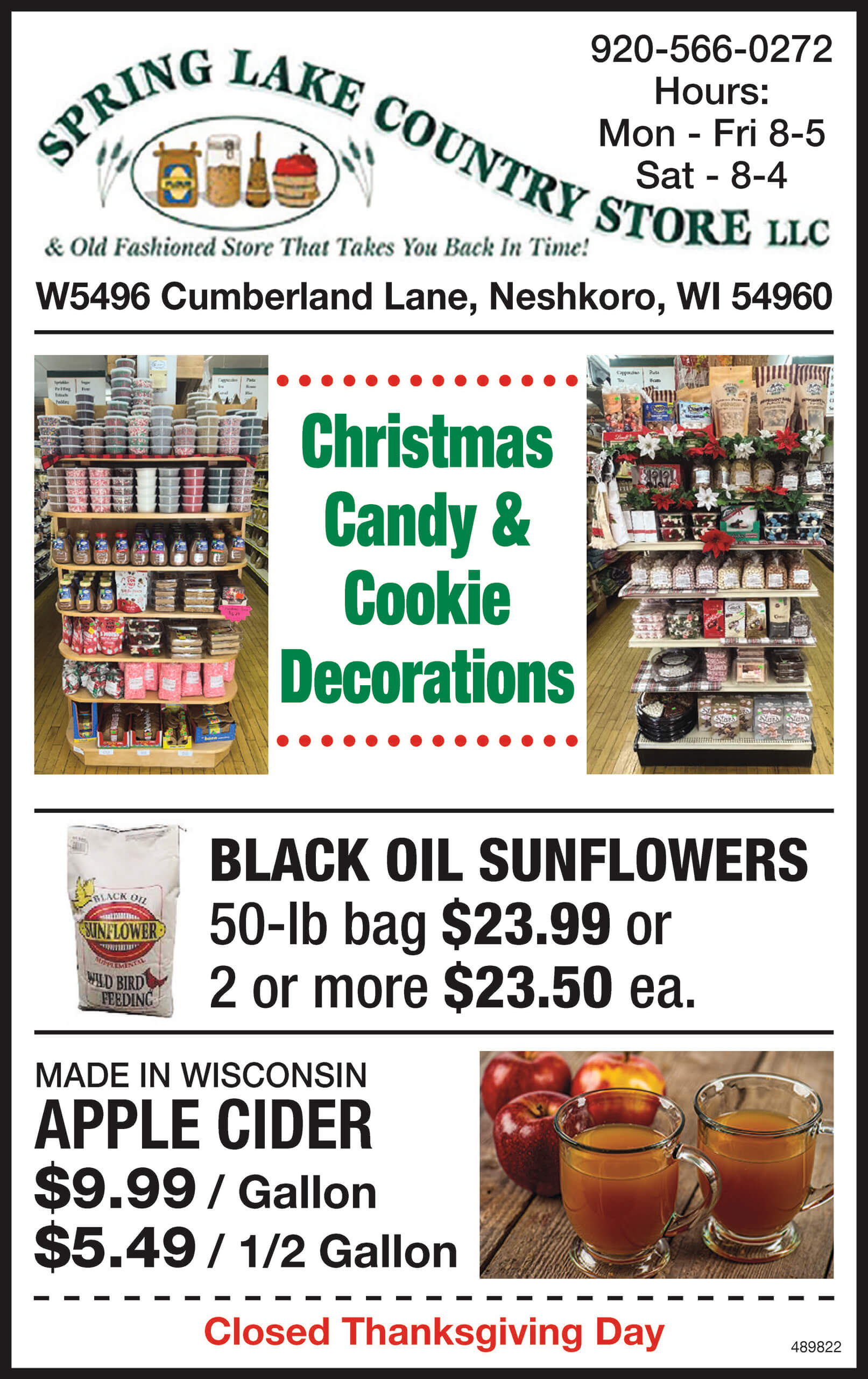 Flyer for Spring Lake Country Store with store hours, address, Christmas candy and cookie decorations, sunflower seeds, Wisconsin apple cider, and a note about closing on Thanksgiving Day.