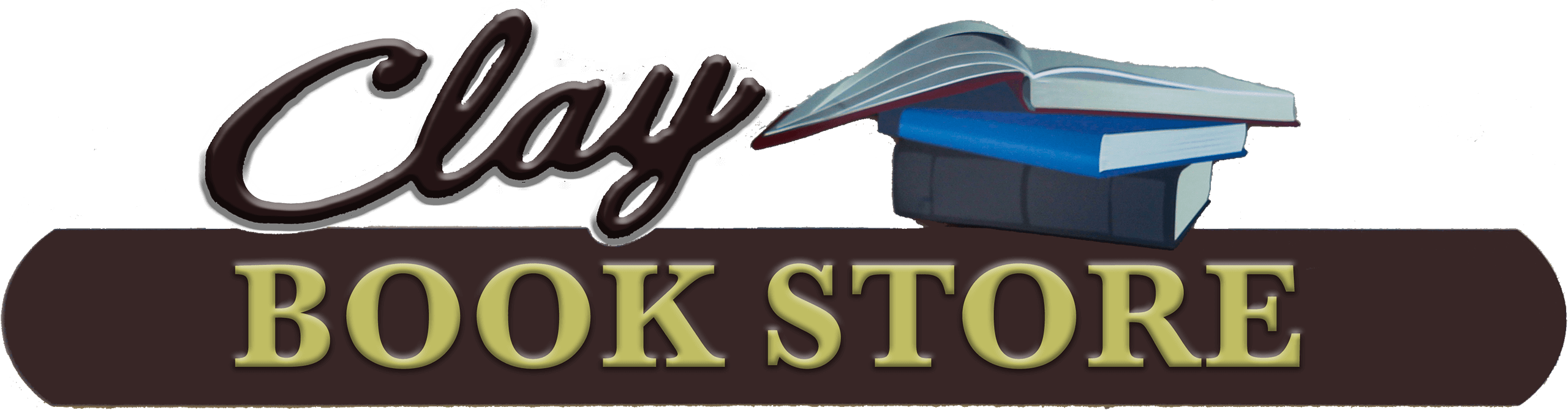 Logo for "Clay Book Store" featuring the store name in large text with an image of three stacked books, one of which is open, above the word "BOOK STORE.