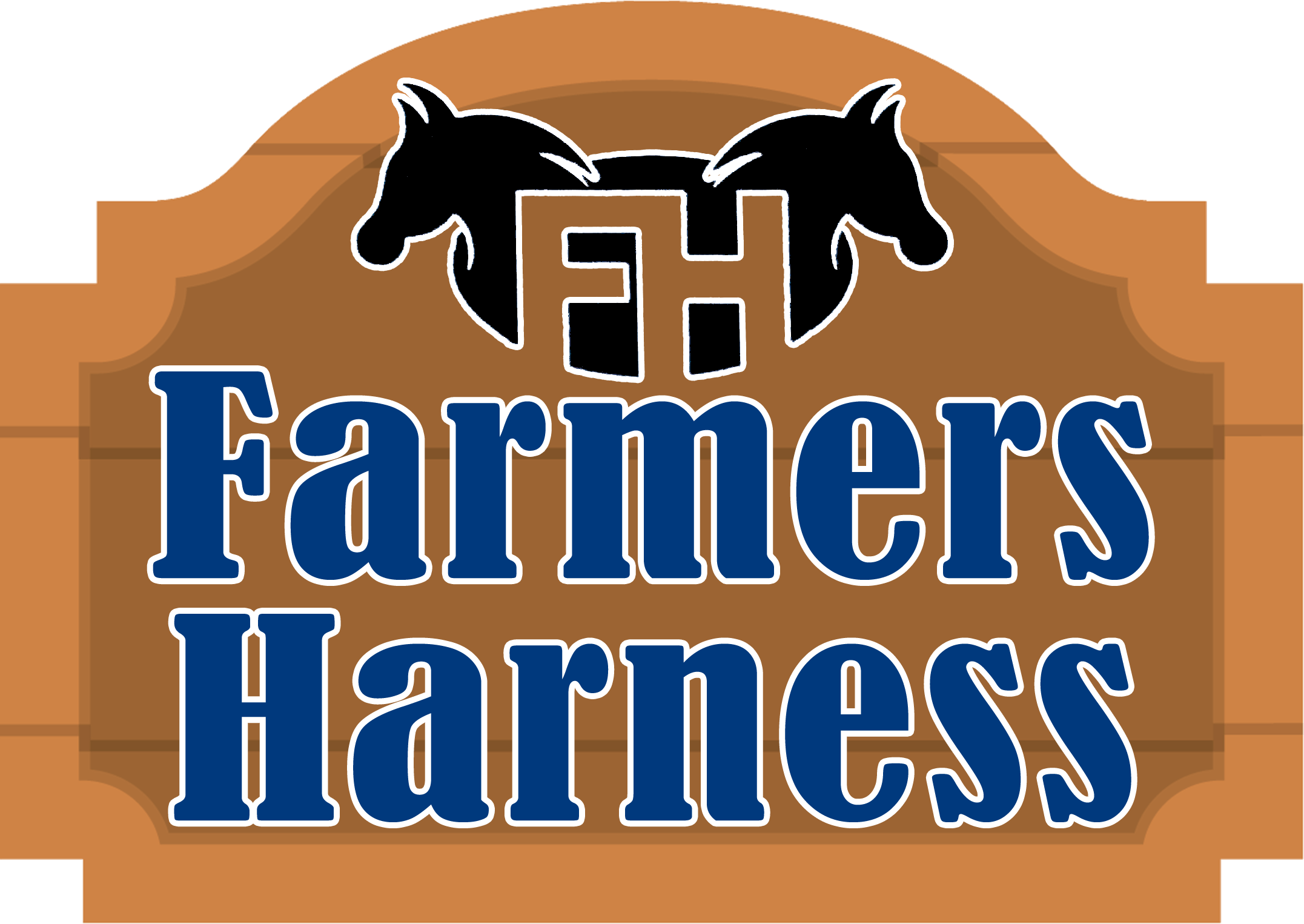 A wooden sign with two horse heads, the initials "FH," and the text "Farmers Harness" in large blue letters.