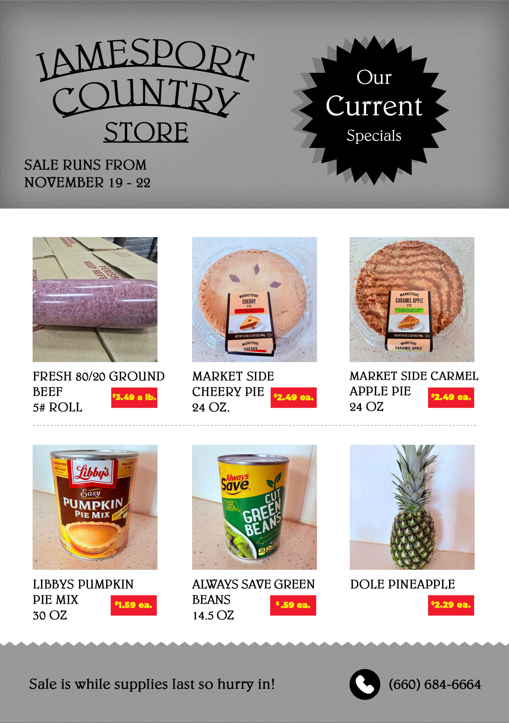 A flyer for Jamesport Country Store lists sale specials on beef, cherry pie, caramel apple pie, pumpkin pie mix, green beans, and pineapple with product images and prices.
