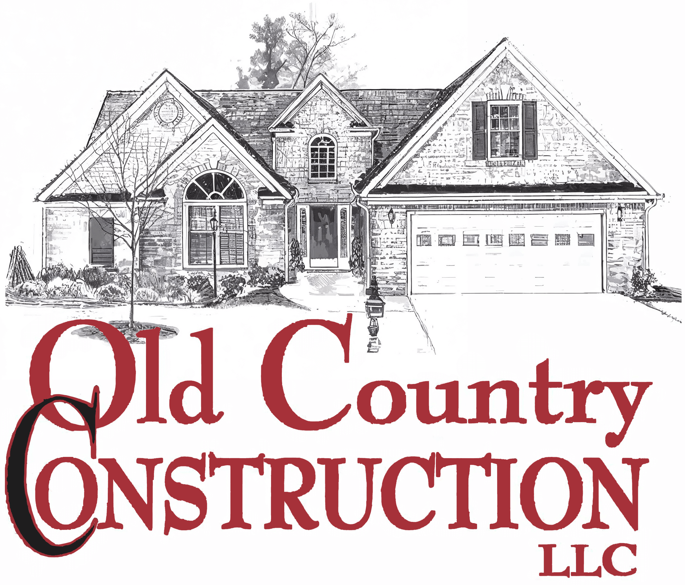 A detailed sketch of a suburban house with the text "Old Country Construction LLC" in large, bold red letters in front.