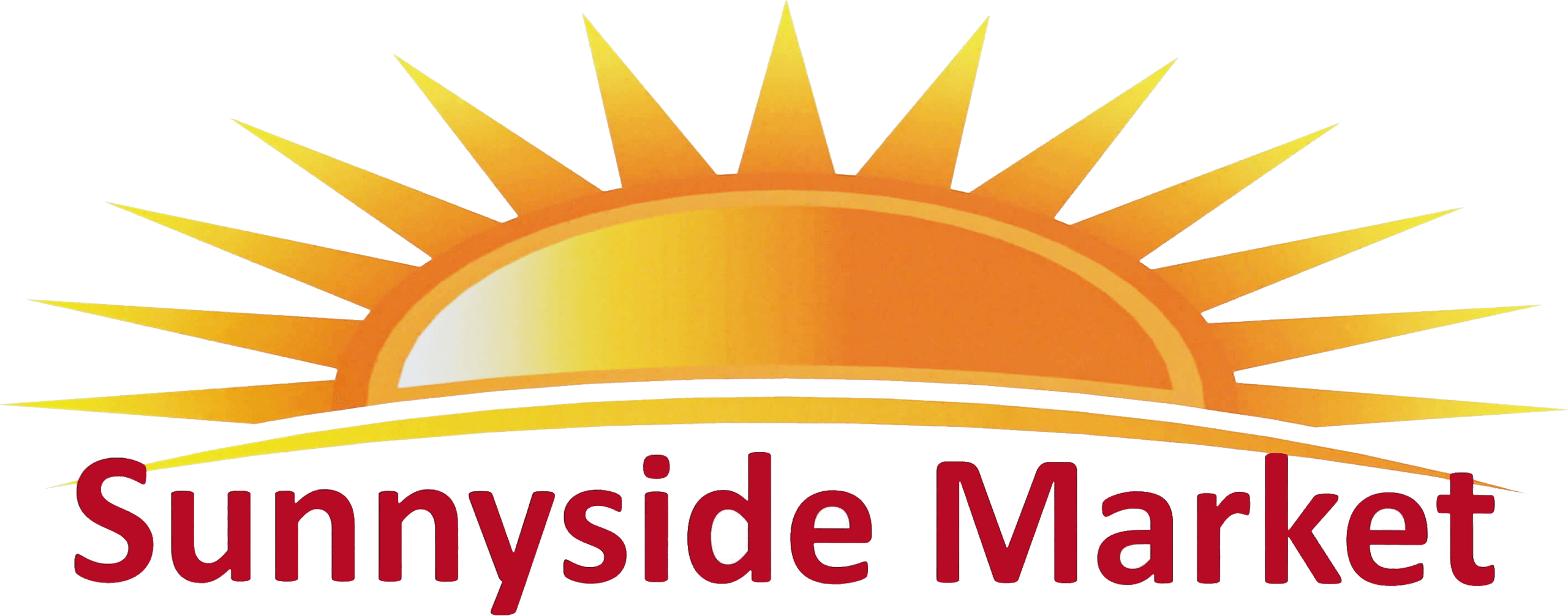 Logo of Sunnyside Market featuring a stylized orange and yellow sun rising above the store name written in bold red letters.