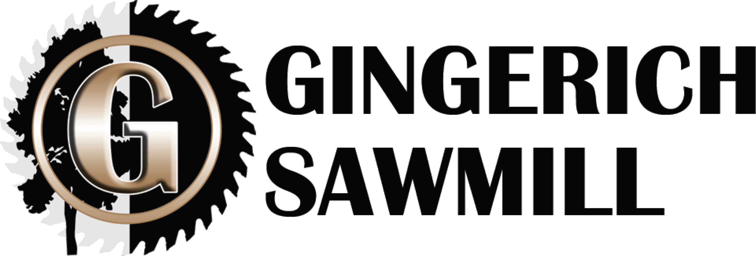 Logo for Gingerich Sawmill featuring a gold "G" over a saw blade and tree silhouette, with the business name in bold black letters to the right.