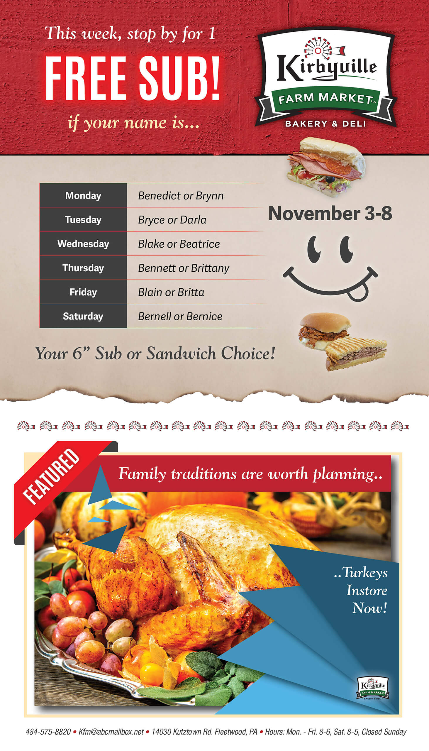 Promotional flyer for Kirbyville Farm Market offering a free sub to select names on specific days, with an image of a sub sandwich and a featured turkey dinner.