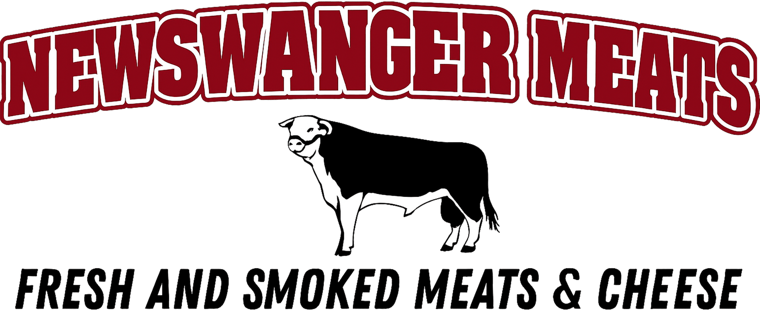 Logo for Newswanger Meats featuring a black and white cow, with text reading "Fresh and Smoked Meats & Cheese" below the image.