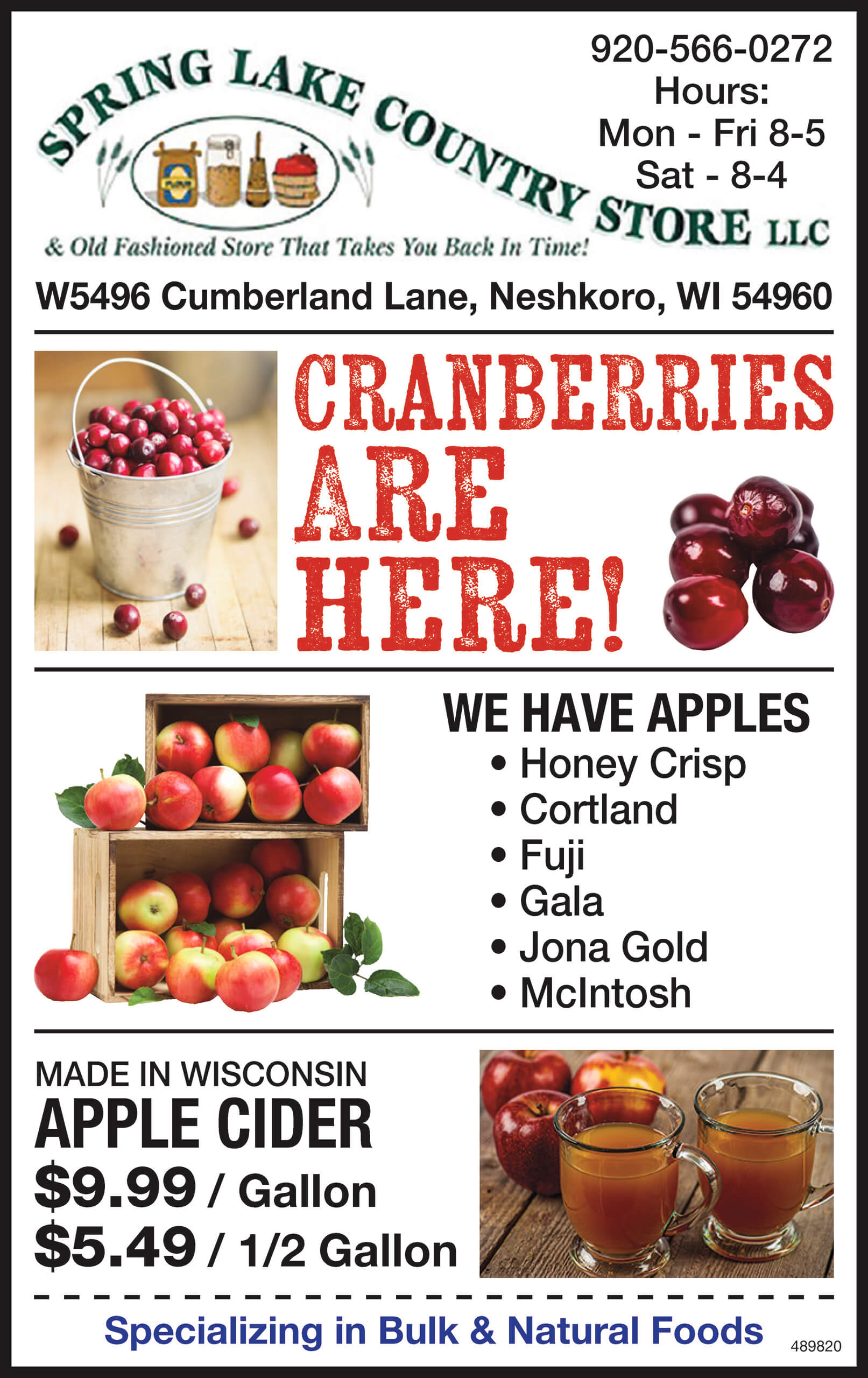 Spring Lake Country Store flyer featuring cranberries, apples, and apple cider, with store hours, contact information, and address included.