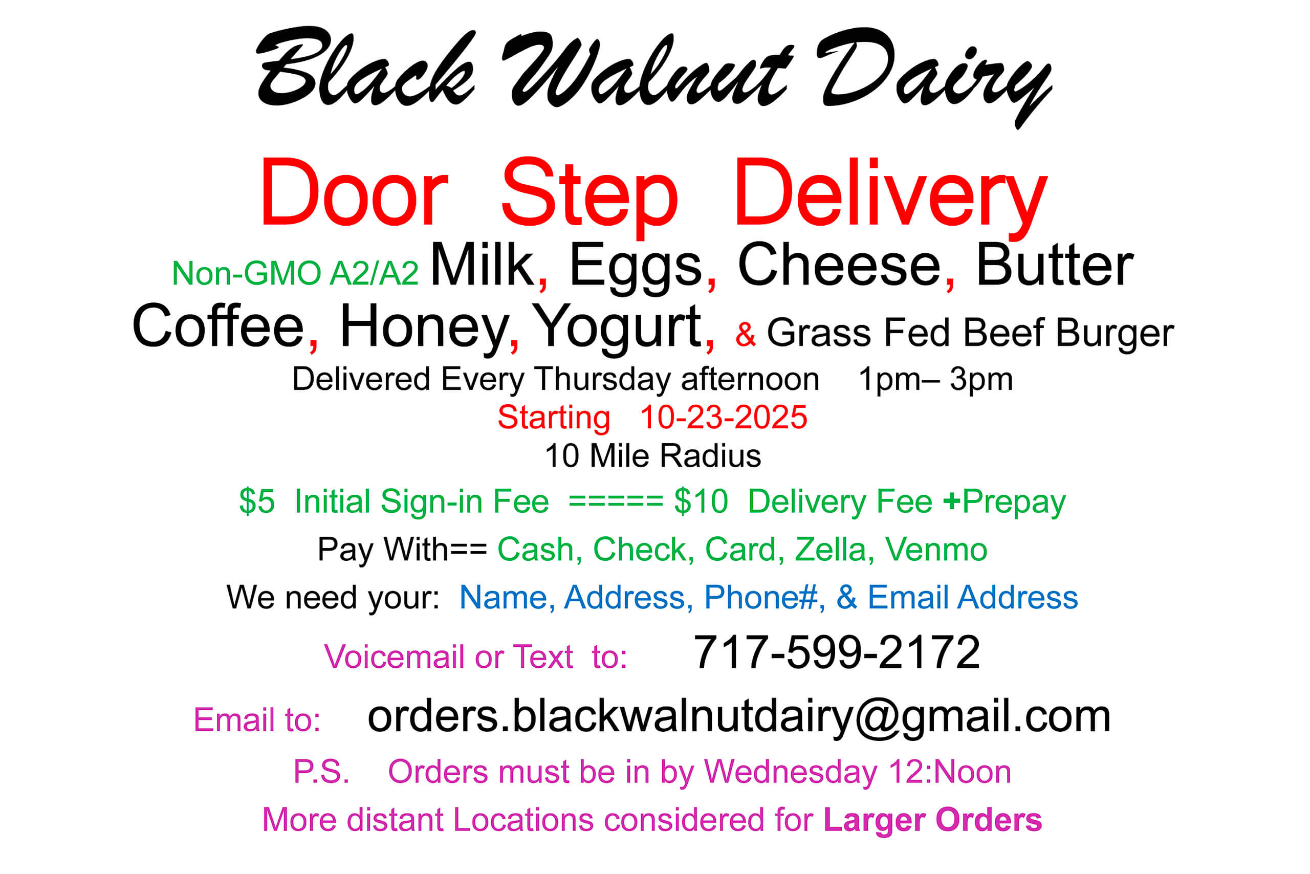 11.22.25 Black Walnut Dairy Ad Flyer for Black Walnut Dairy advertising door step delivery of dairy and other food products within a 10-mile radius, with sign-up details, payment options, and contact information.