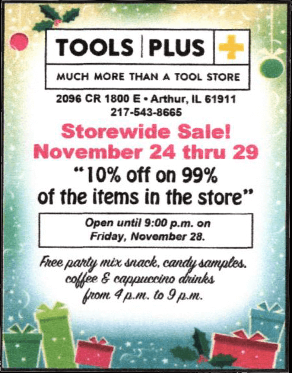 11.22.25 Tools Plus Ad Flyer for Tools Plus storewide sale, November 24-29; 10% off on 99% of items, open until 9 p.m. on Nov 28, with free snacks and drinks from 4 p.m. to 9 p.m.