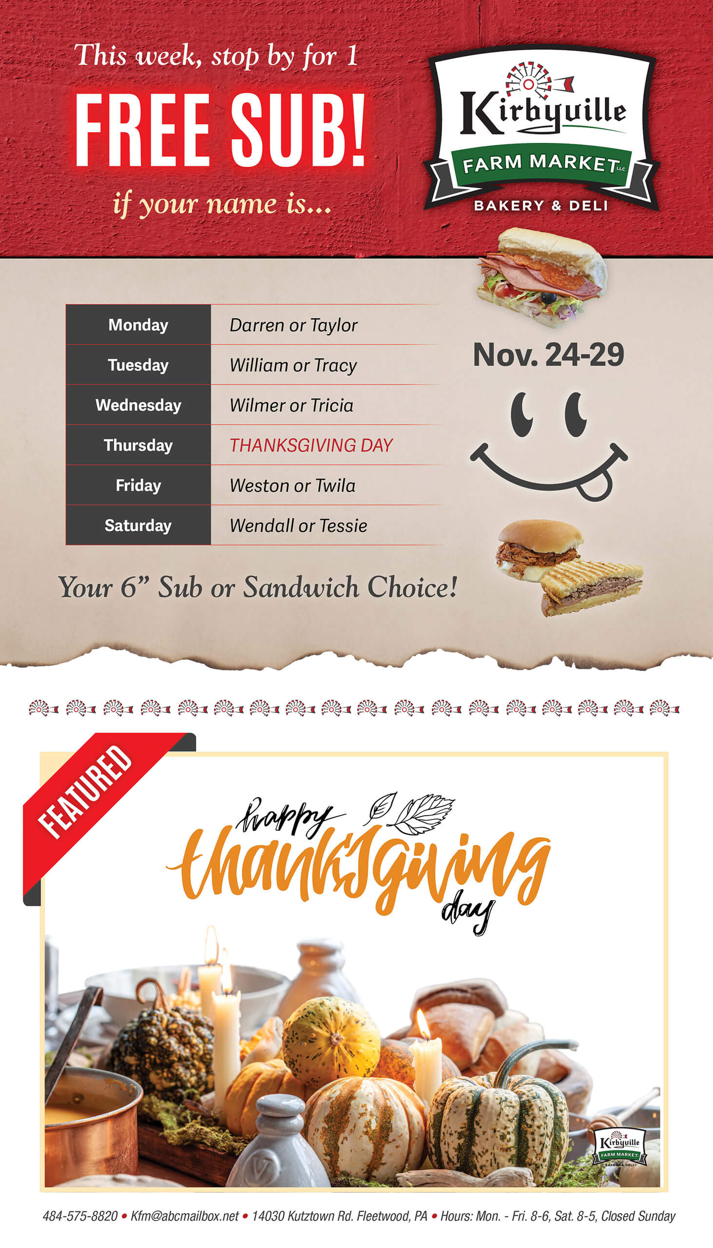 Advertisement for Kirbyville Farm Market offers a free 6-inch sub for specific names on certain days, with Thanksgiving-themed decorations and food.