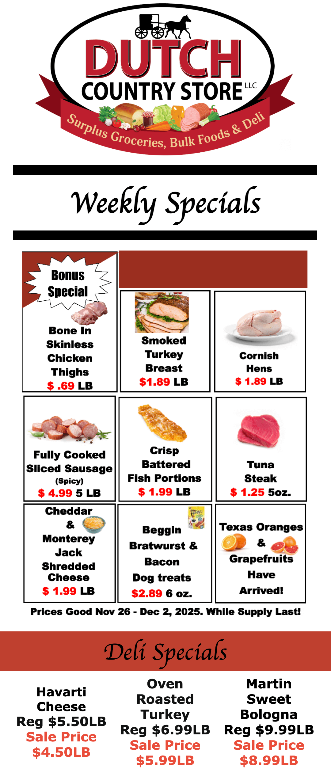 Promotional flyer for Dutch Country Store listing weekly specials on meats, fish, fruit, and deli items with prices effective Nov. 28–Dec. 2, 2023, while supplies last.