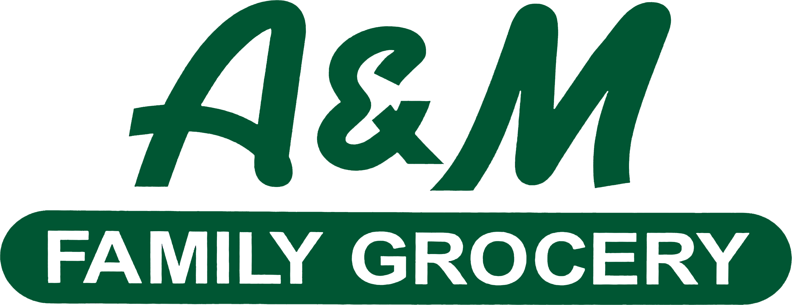 Green text logo reads "A&M FAMILY GROCERY" with "A&M" in large font above "FAMILY GROCERY" in a rounded green rectangle.