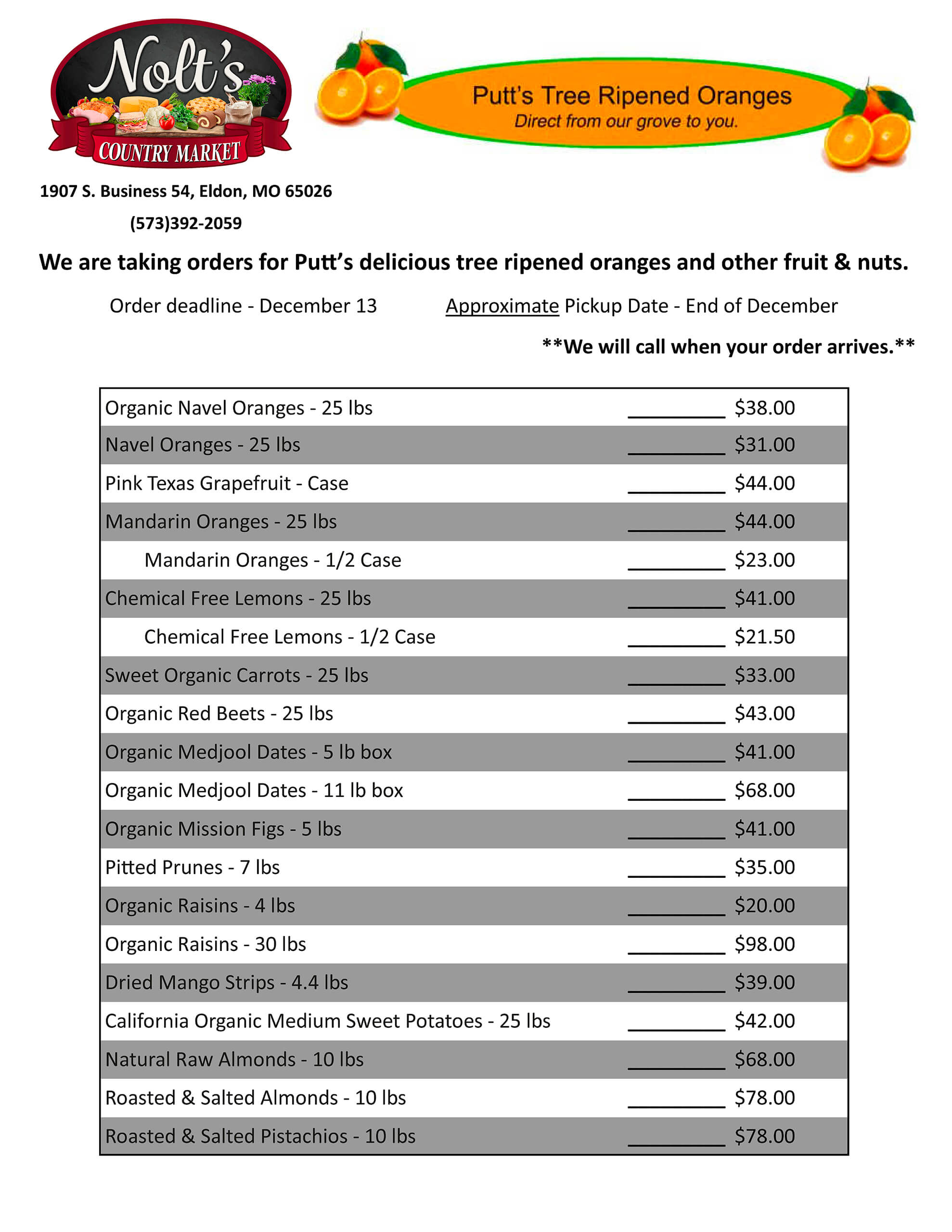 Order form for Putt’s fruit and nuts at Nolt’s Country Market, listing available items, prices, and order deadline of December 13.