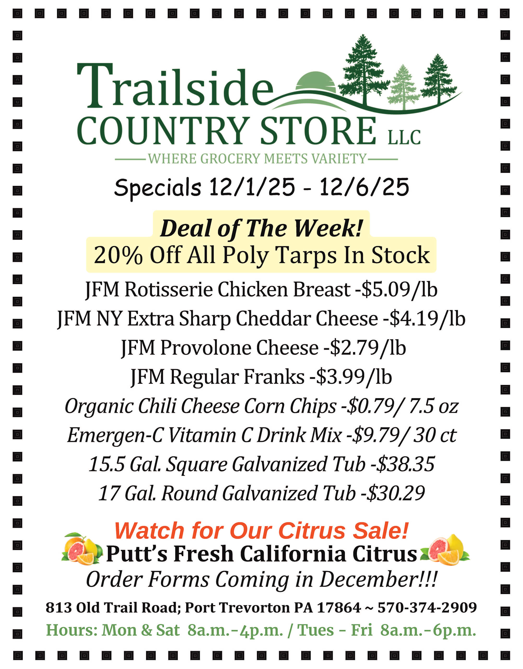 Trailside Country Store flyer listing weekly specials on meats, cheeses, canned goods, drinks, and galvanized tubs, plus announcements about citrus sales and upcoming orders.