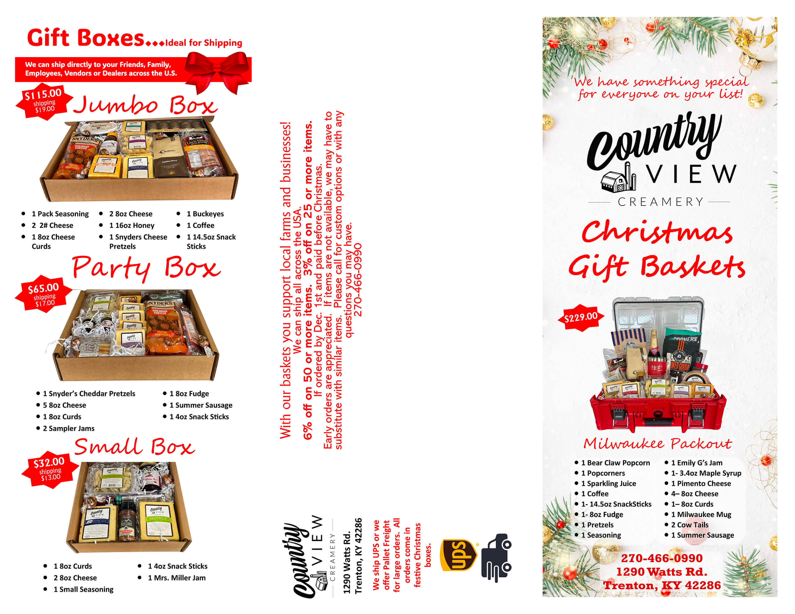 Gift box brochure for Country View Creamery displaying three gift box options with various food items, Christmas-themed graphics, contact information, and a Milwaukee Packout basket.