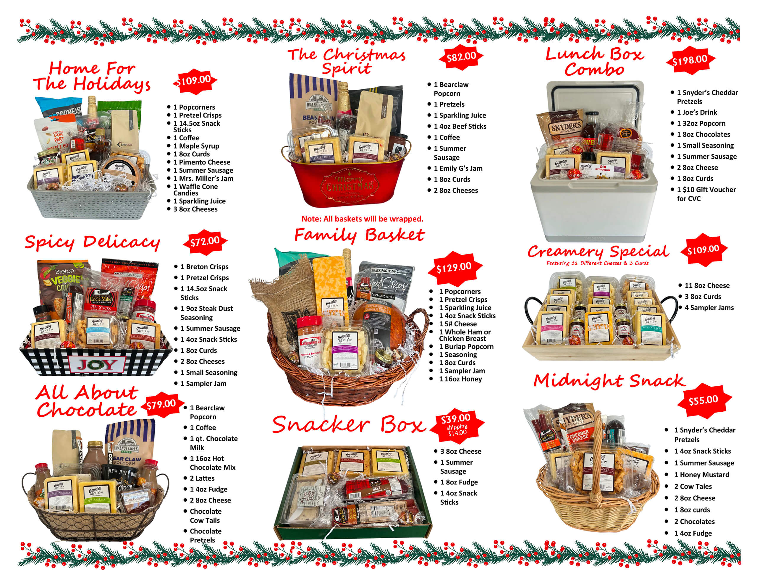 Nine gift baskets are displayed with their contents and prices listed, including cheese, snacks, chocolates, crackers, and jams, arranged on a festive holiday-themed background.