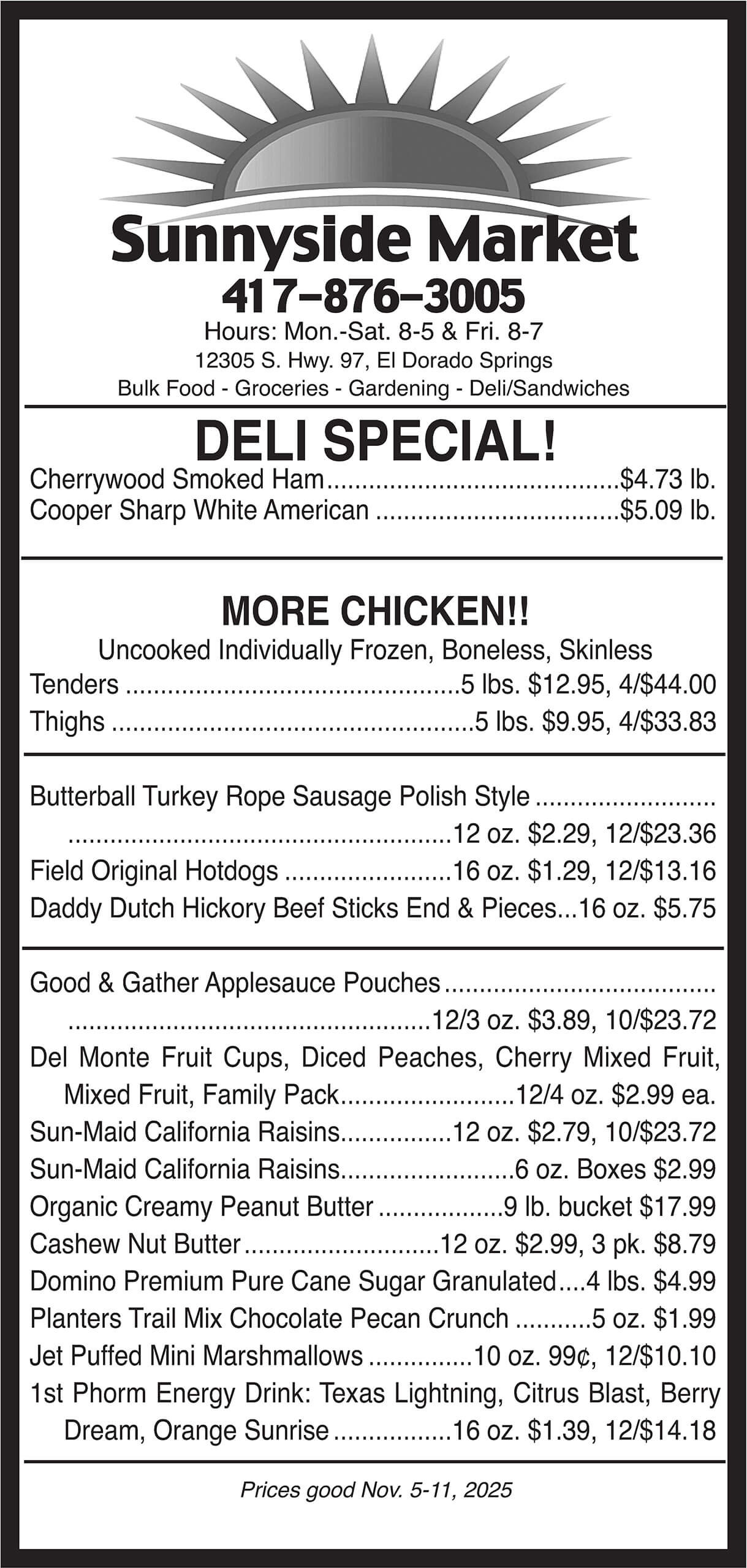 A black and white Sunnyside Market flyer listing deli specials, chicken prices, sausage, and assorted grocery items with prices and contact information.