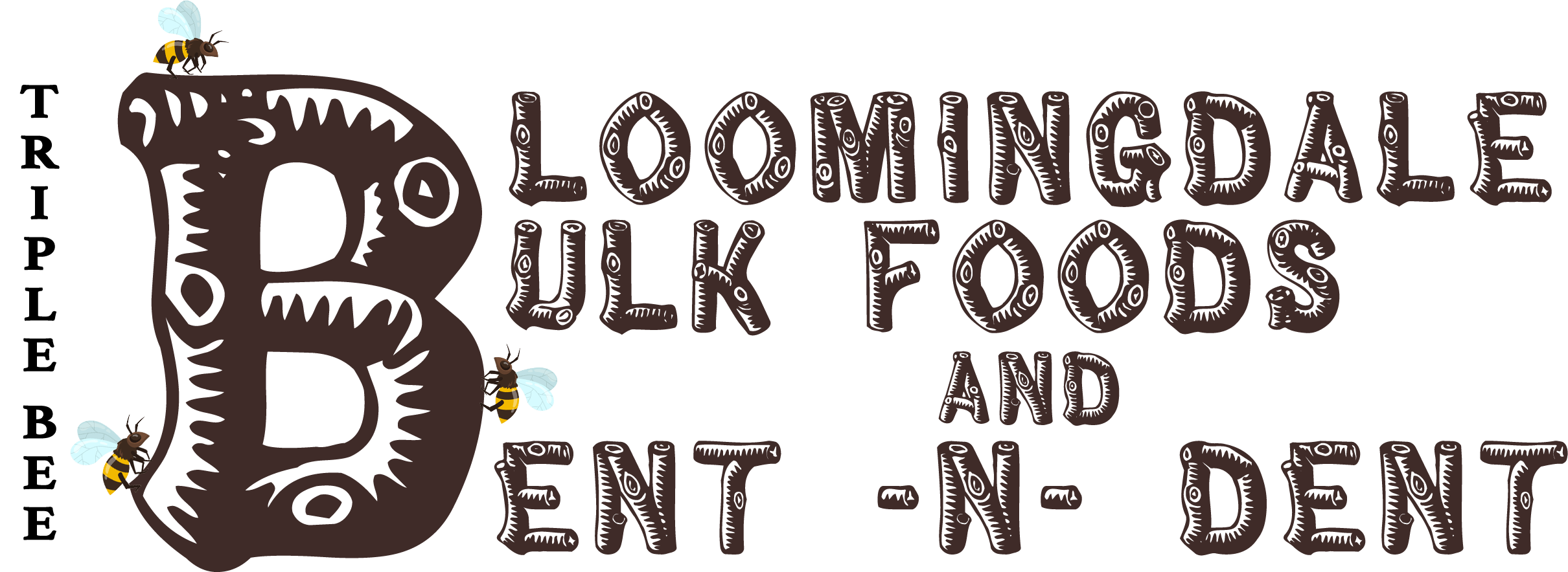 Logo for "Loomingdale Bulk Foods and Bent-N-Dent" featuring stylized text, large letter "B," and illustrations of bees. The words "TRIPLE BEE" appear vertically on the left.
