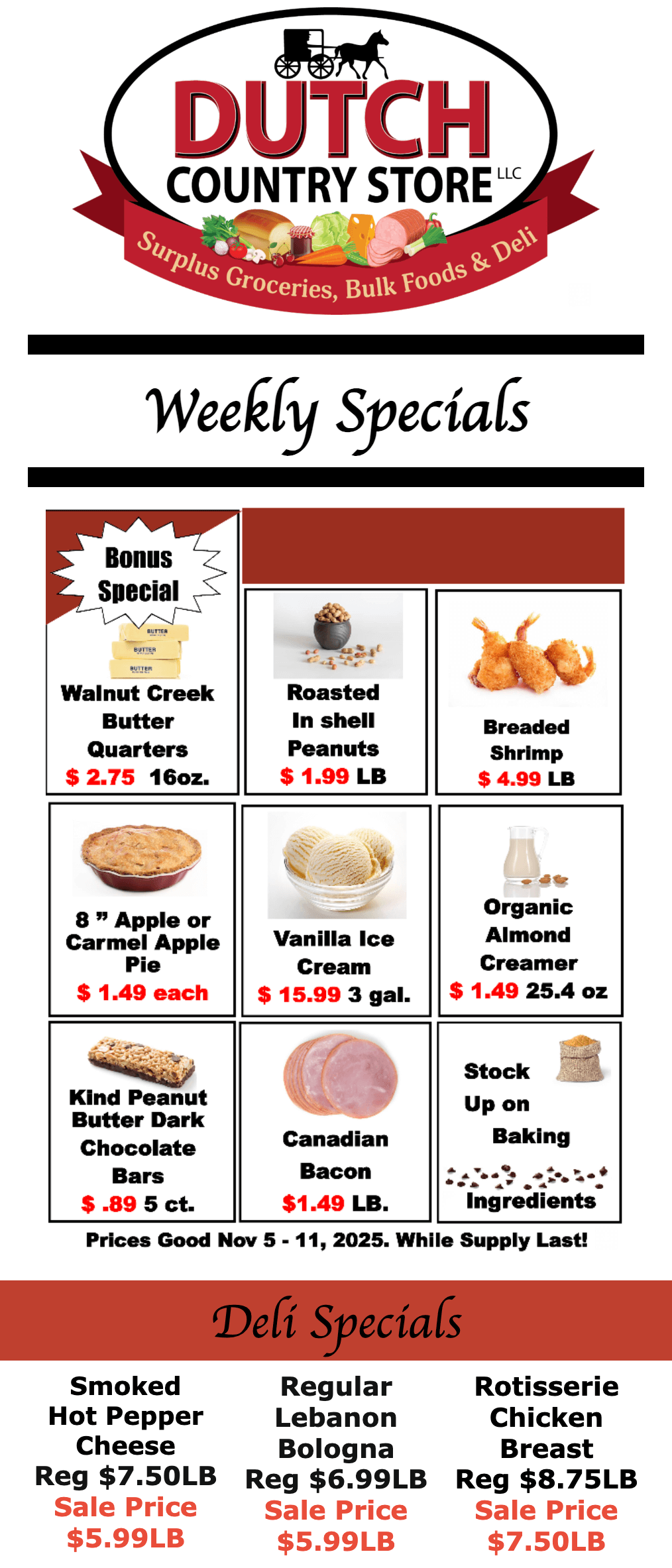 Weekly specials flyer for Dutch Country Store listing discounts on nuts, shrimp, apple butter, vanilla ice cream, organic almond flour, candy, Canadian bacon, and deli meats.