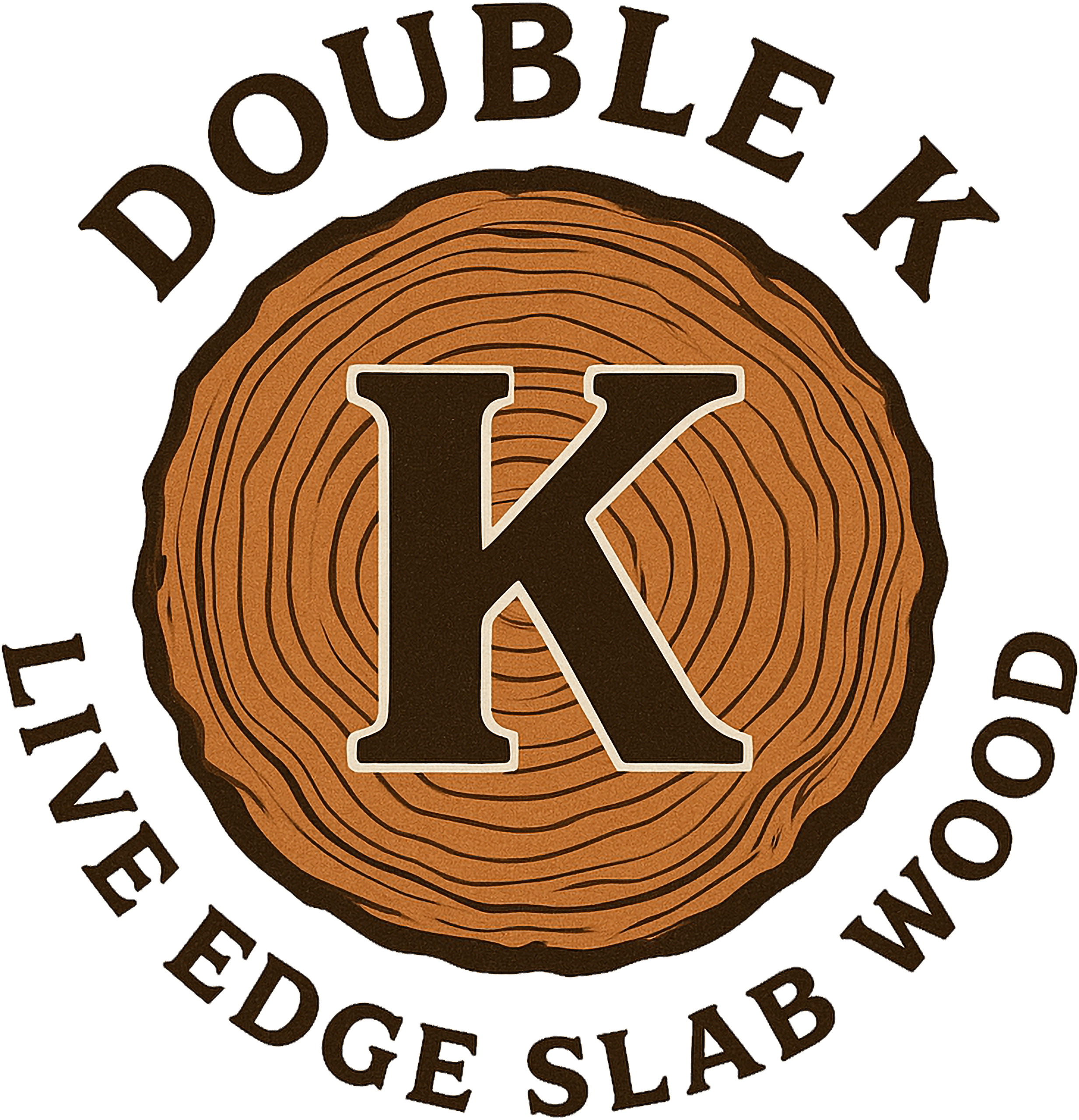 Logo featuring a large letter "K" over a wood slice graphic, surrounded by the text "DOUBLE K LIVE EDGE SLAB WOOD.