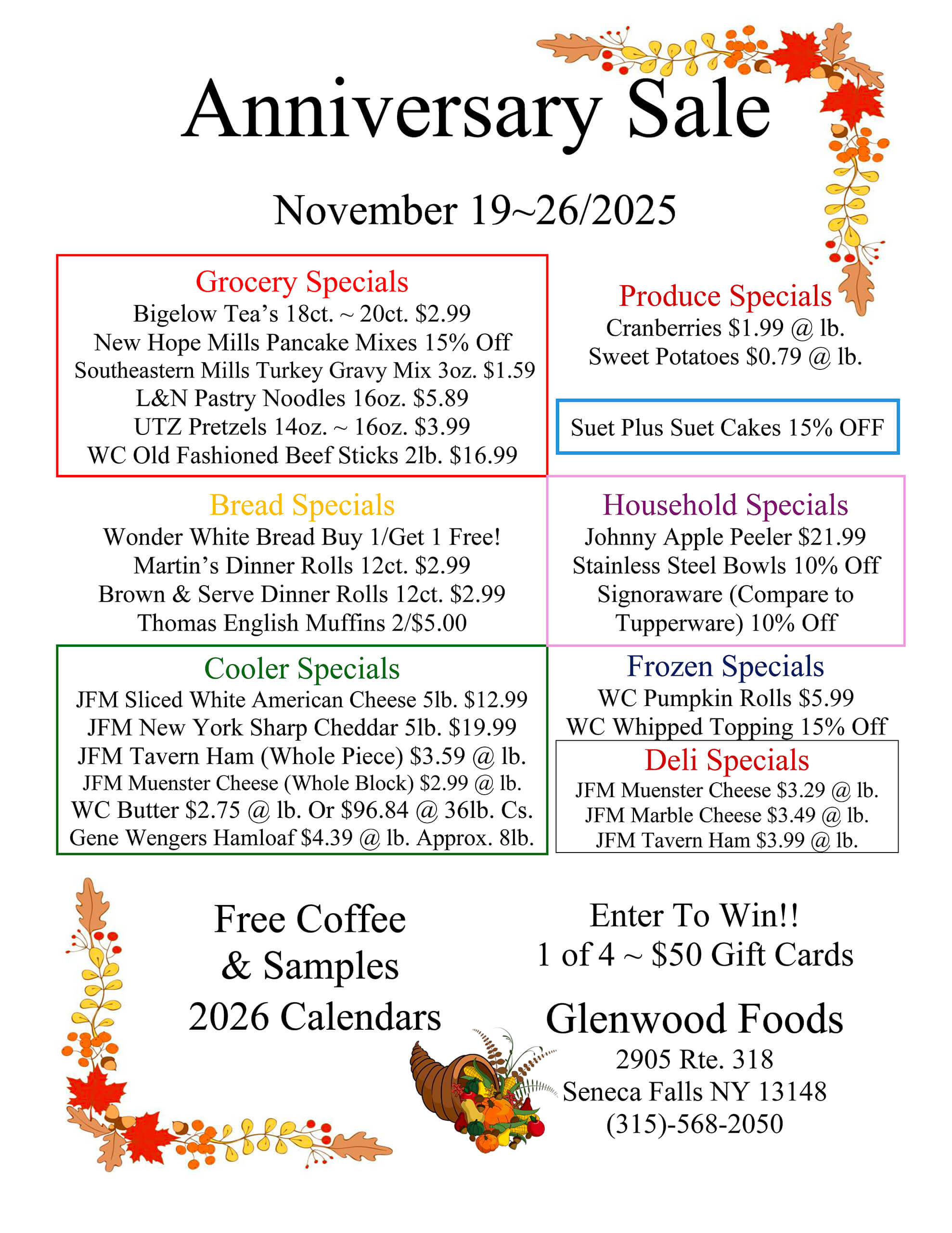 Anniversary sale flyer for Glenwood Foods featuring discounted grocery, bread, household, cooler, and frozen items, with dates, location, contact info, and free coffee and calendars offered.