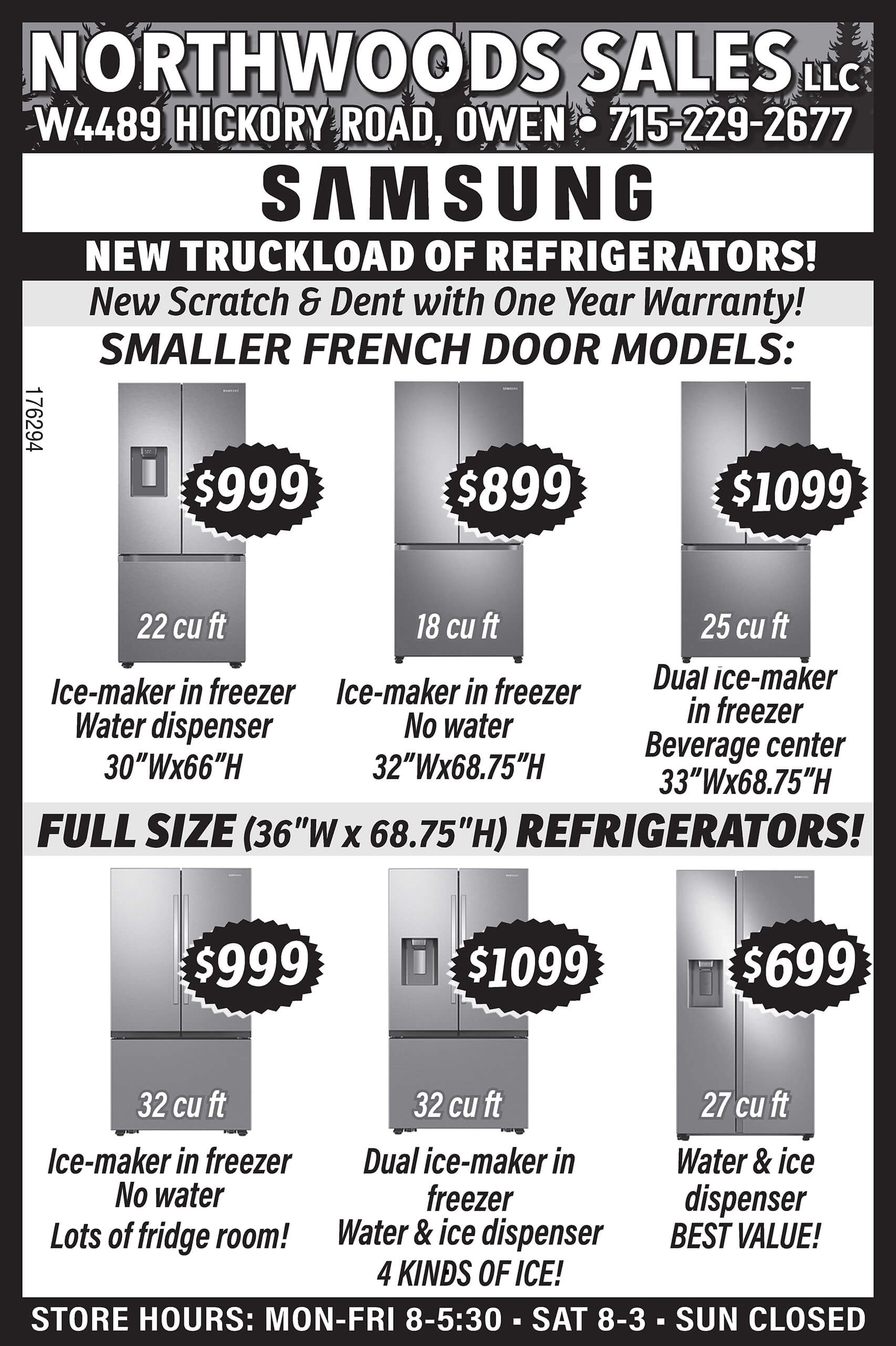 11.9.25 Northwoods Sales Ad Advertisement for Northwoods Sales showing four Samsung refrigerator models with prices and features. Store address, phone, hours, and "new truckload of refrigerators" promotion included.