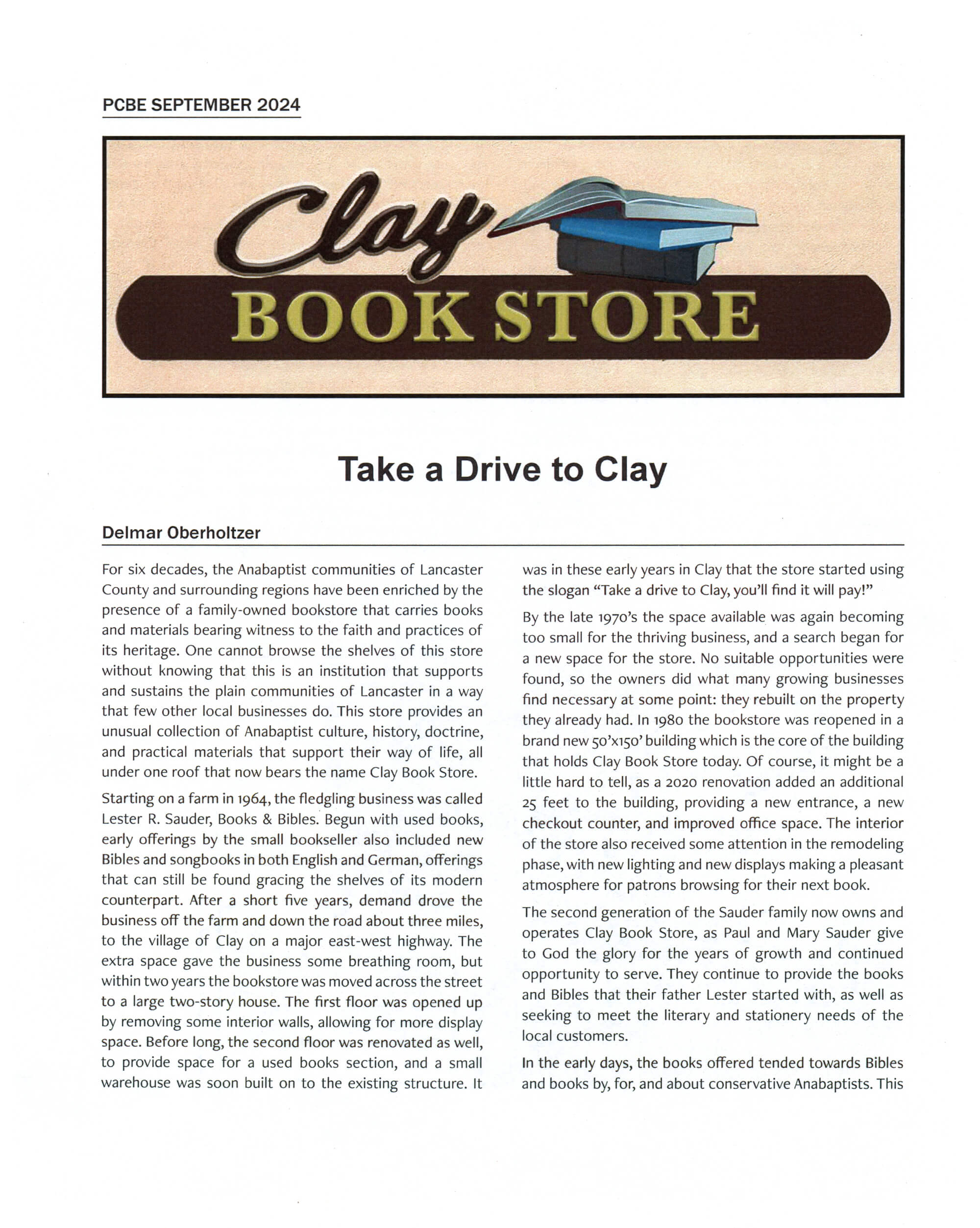 A magazine page features the Clay Book Store, with an article titled 