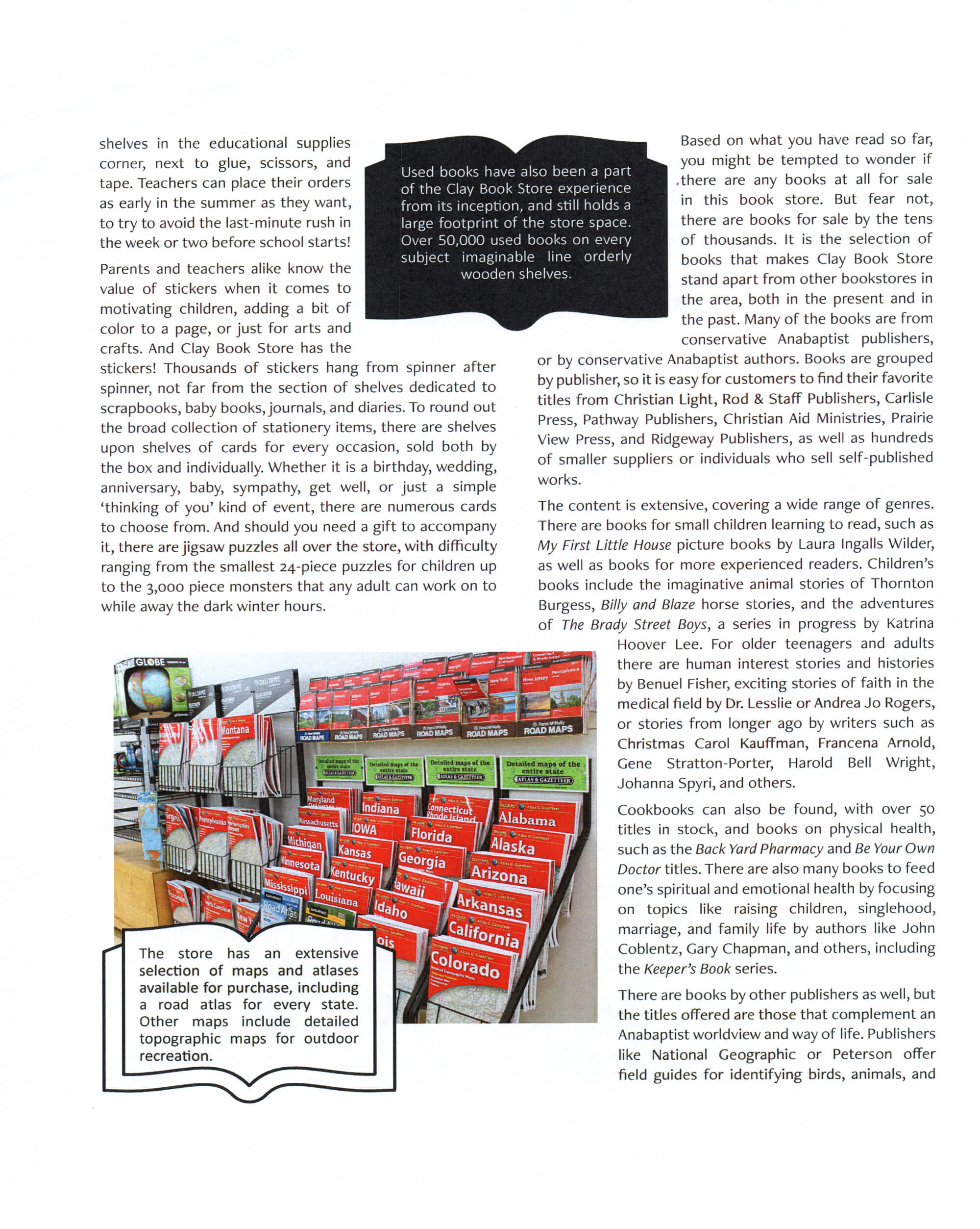 A page from a magazine features articles about educational supplies, stickers, and the use of used books in stores, with images of state-themed books and shelves of educational materials.