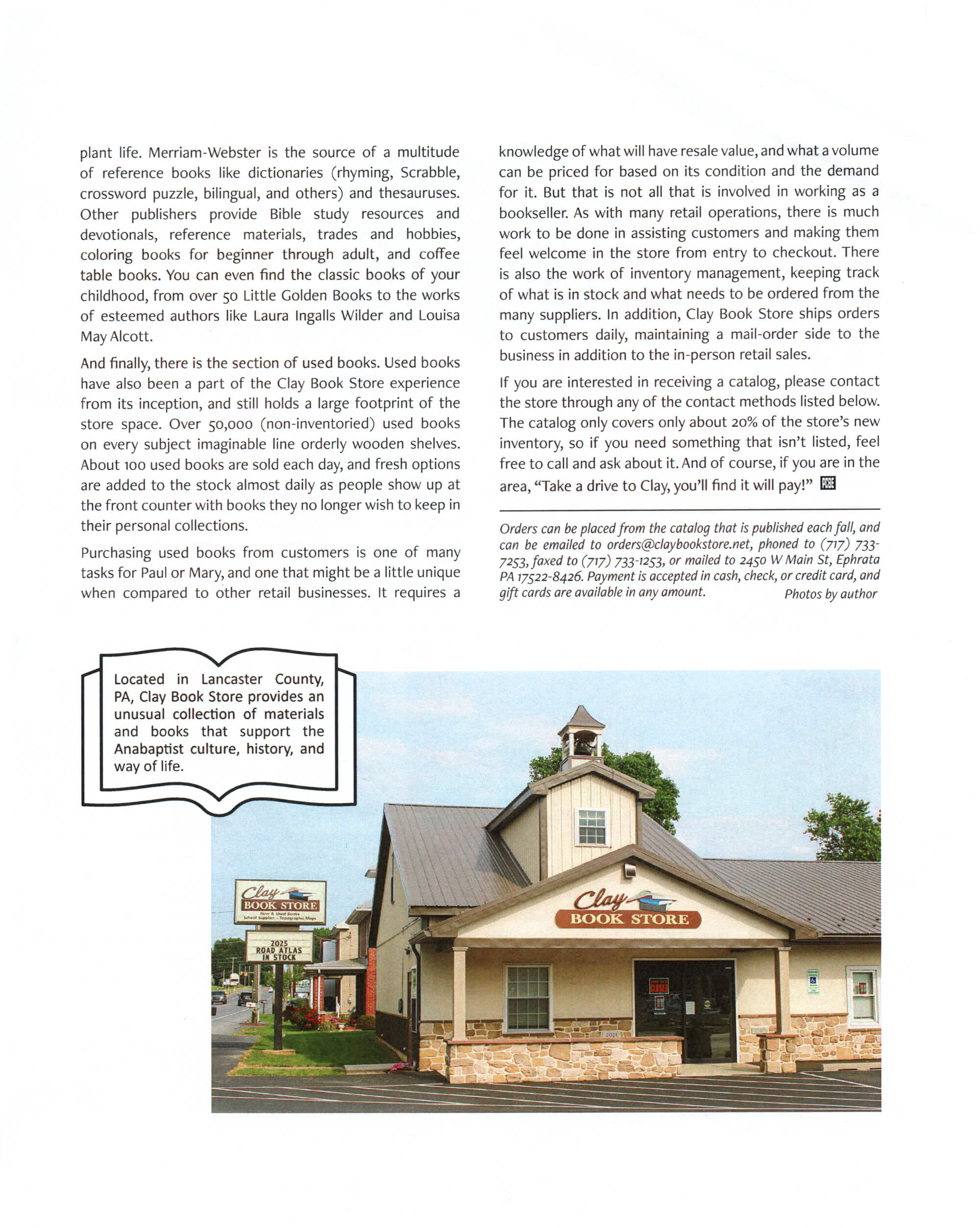 Clay Book Store building with a brown and beige exterior, large signs, a small parking lot, and several cars parked outside in Lancaster County, PA.