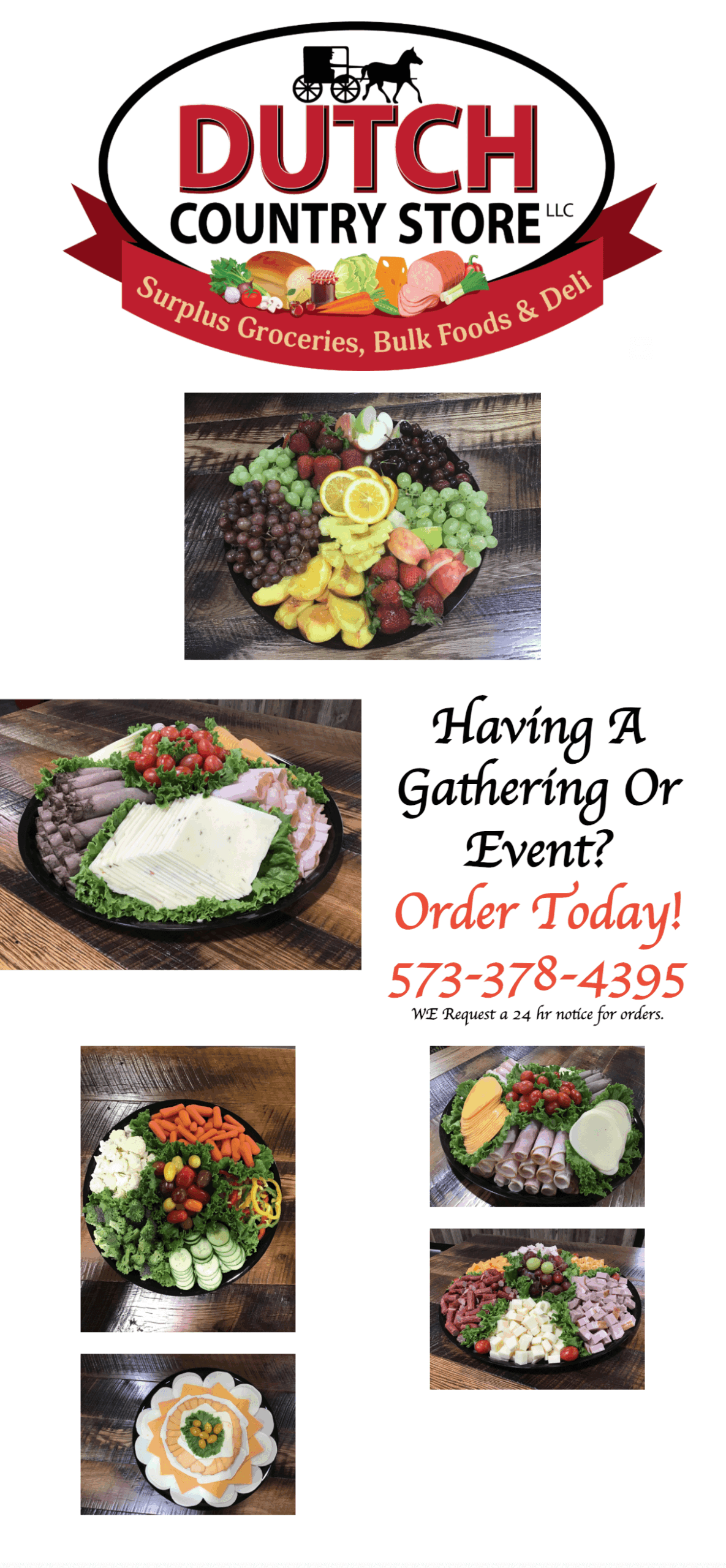 A variety of deli and fruit trays from Dutch Country Store are displayed, accompanied by the store logo and contact information for ordering.